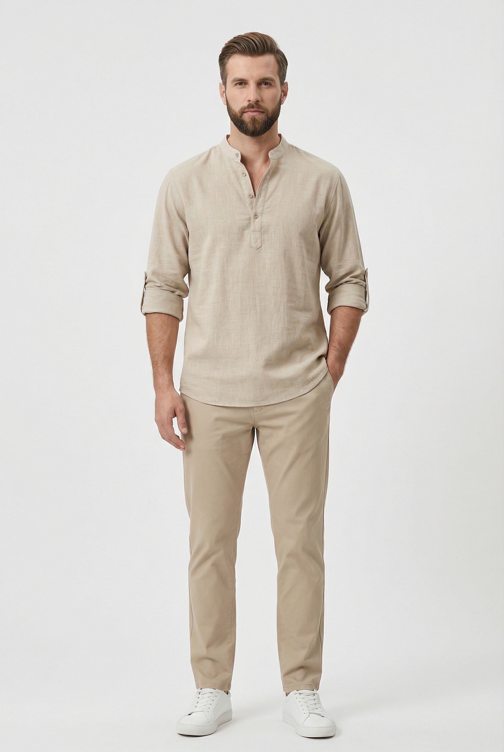 Men's Summer Shirt Linen Breathable Rolled-Up Sleeves