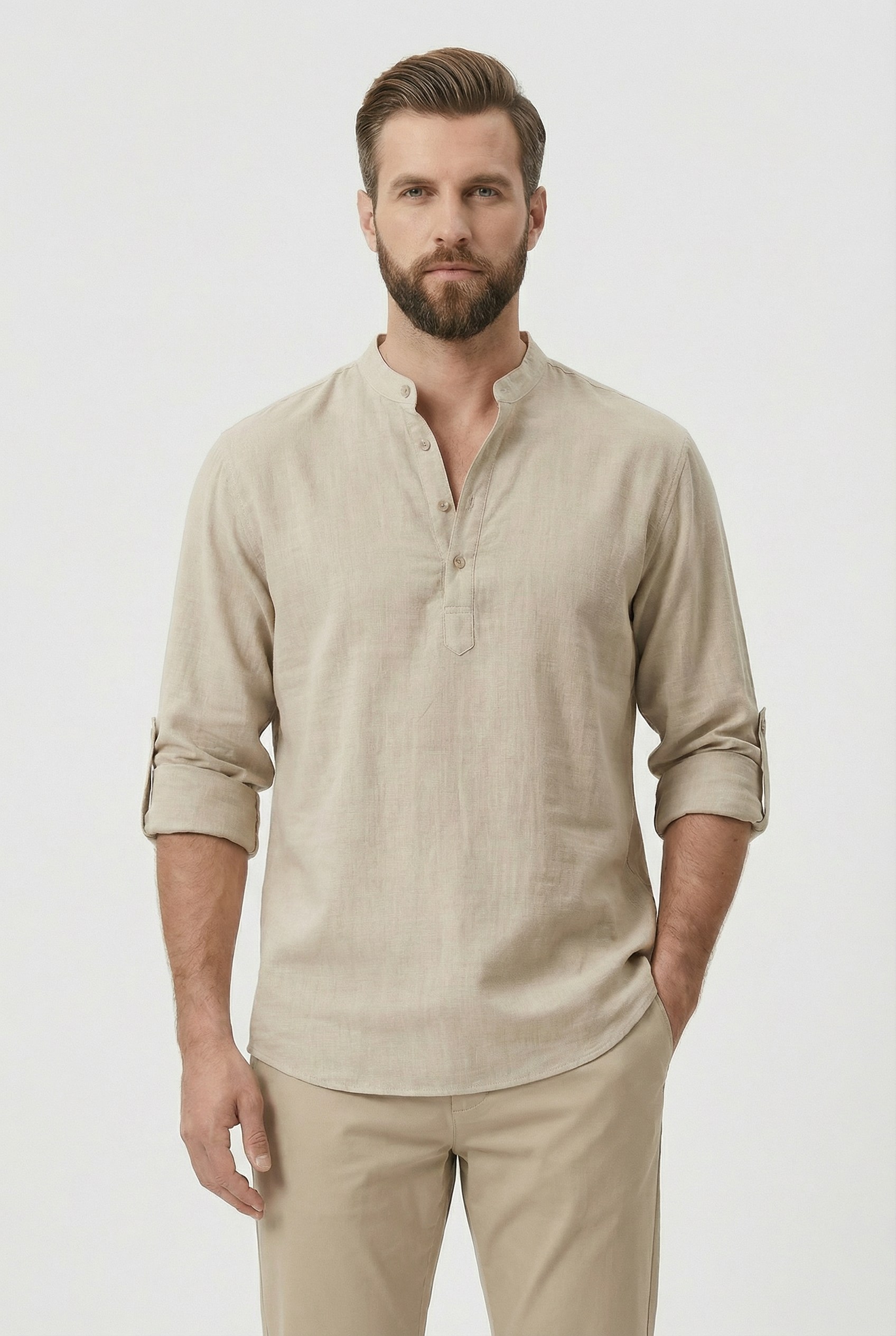 Men's Summer Shirt Linen Breathable Rolled-Up Sleeves