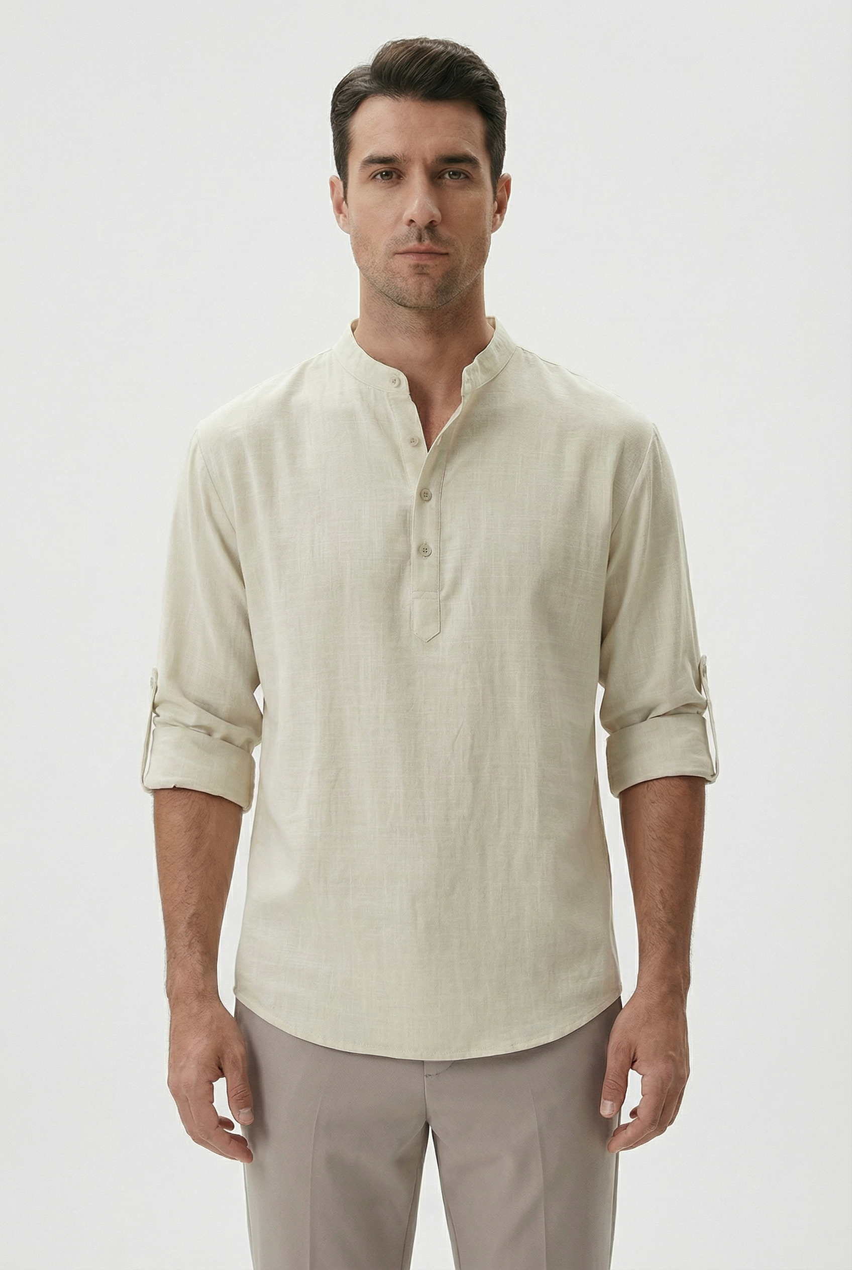 Men's Summer Shirt Linen Breathable Rolled-Up Sleeves