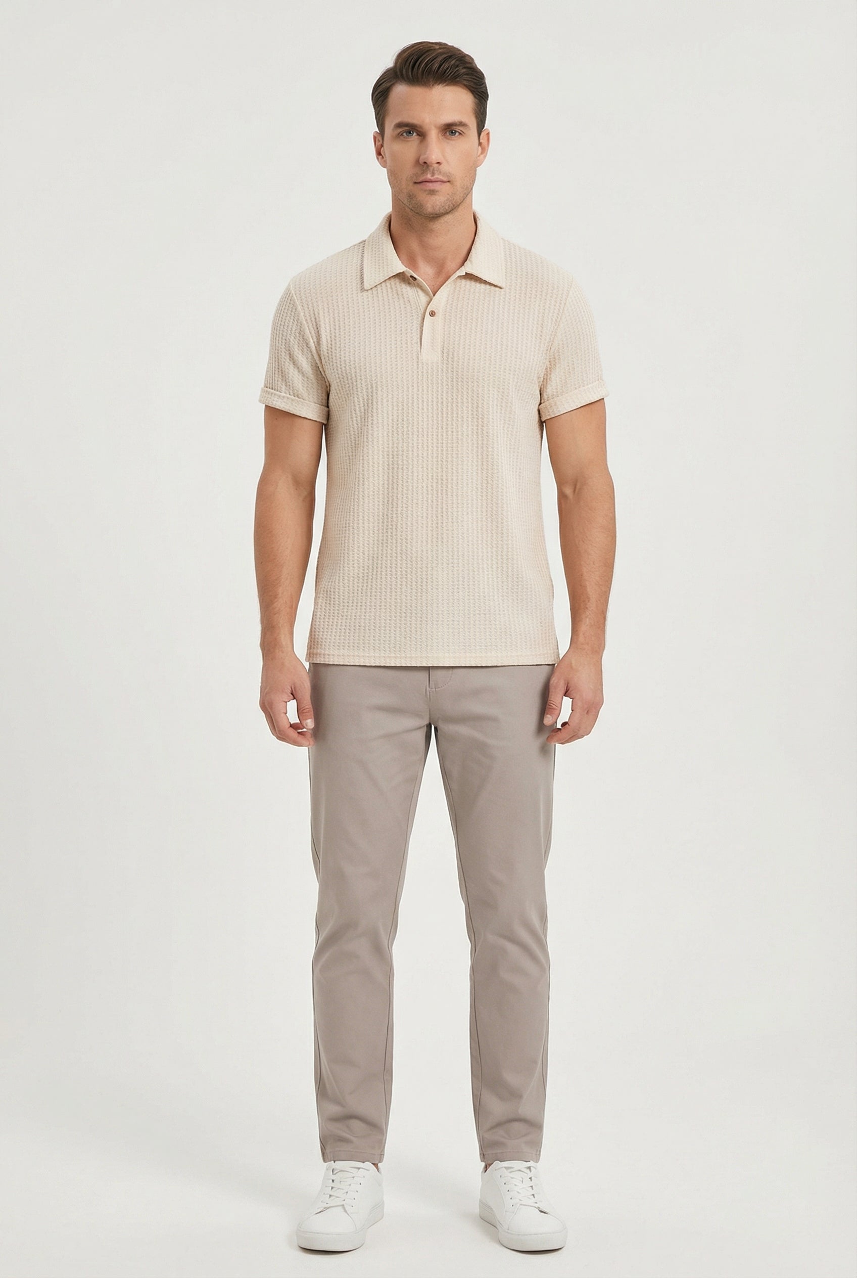 Men's Polo Shirt Waffle Knit Breathable Fabric Relaxed Fit with Turn-Down Collar