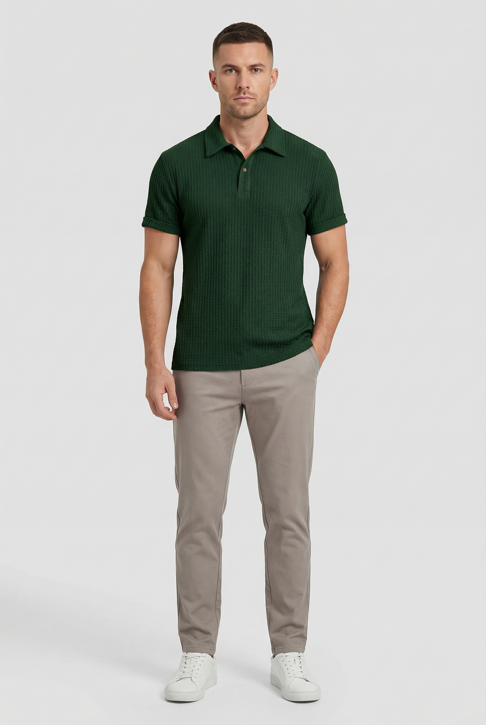Men's Polo Shirt Waffle Knit Breathable Fabric Relaxed Fit with Turn-Down Collar