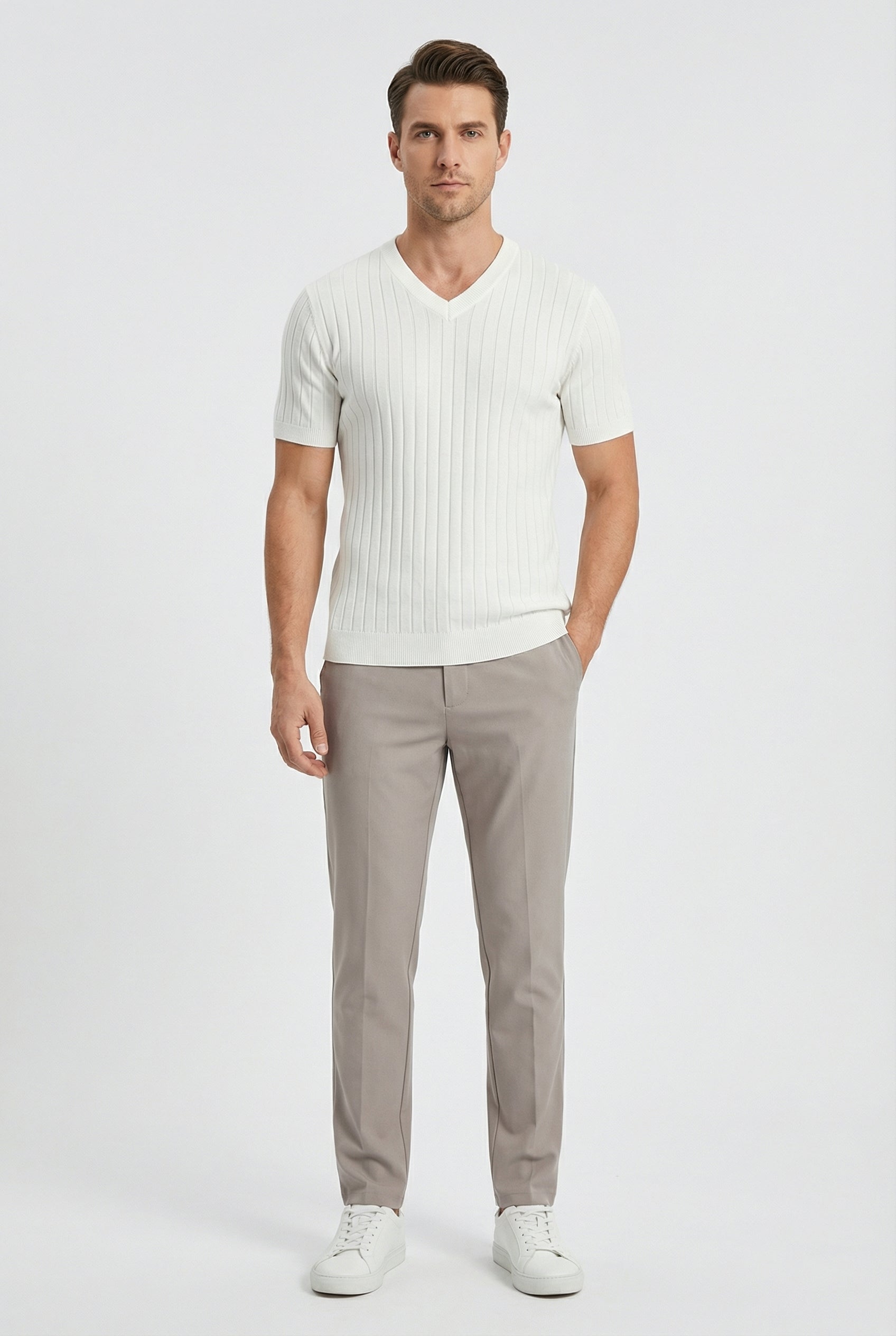 Men's T Shirt Ribbed Knit Soft Stretch V-Neck Short Sleeve Casual Wear