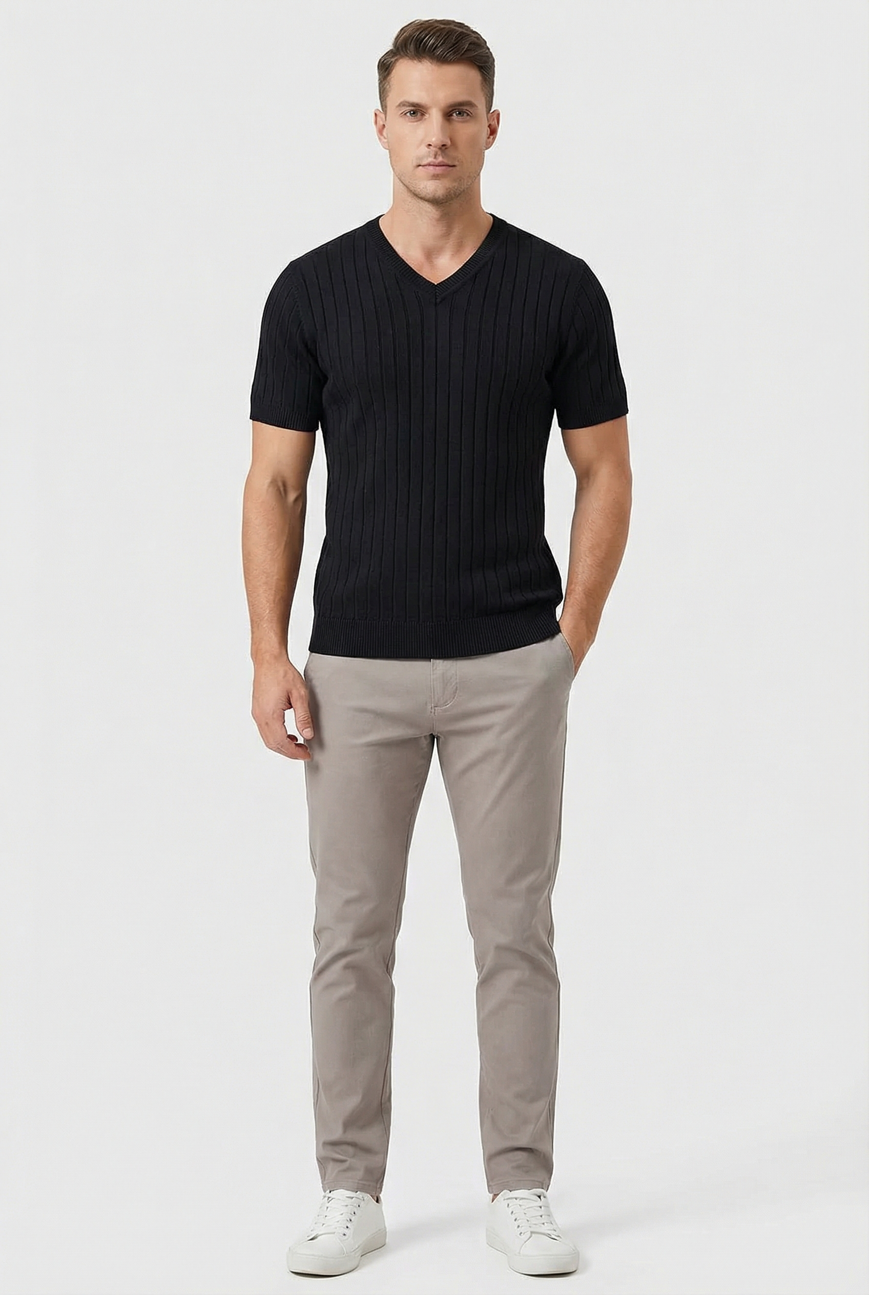 Men's T Shirt Ribbed Knit Soft Stretch V-Neck Short Sleeve Casual Wear