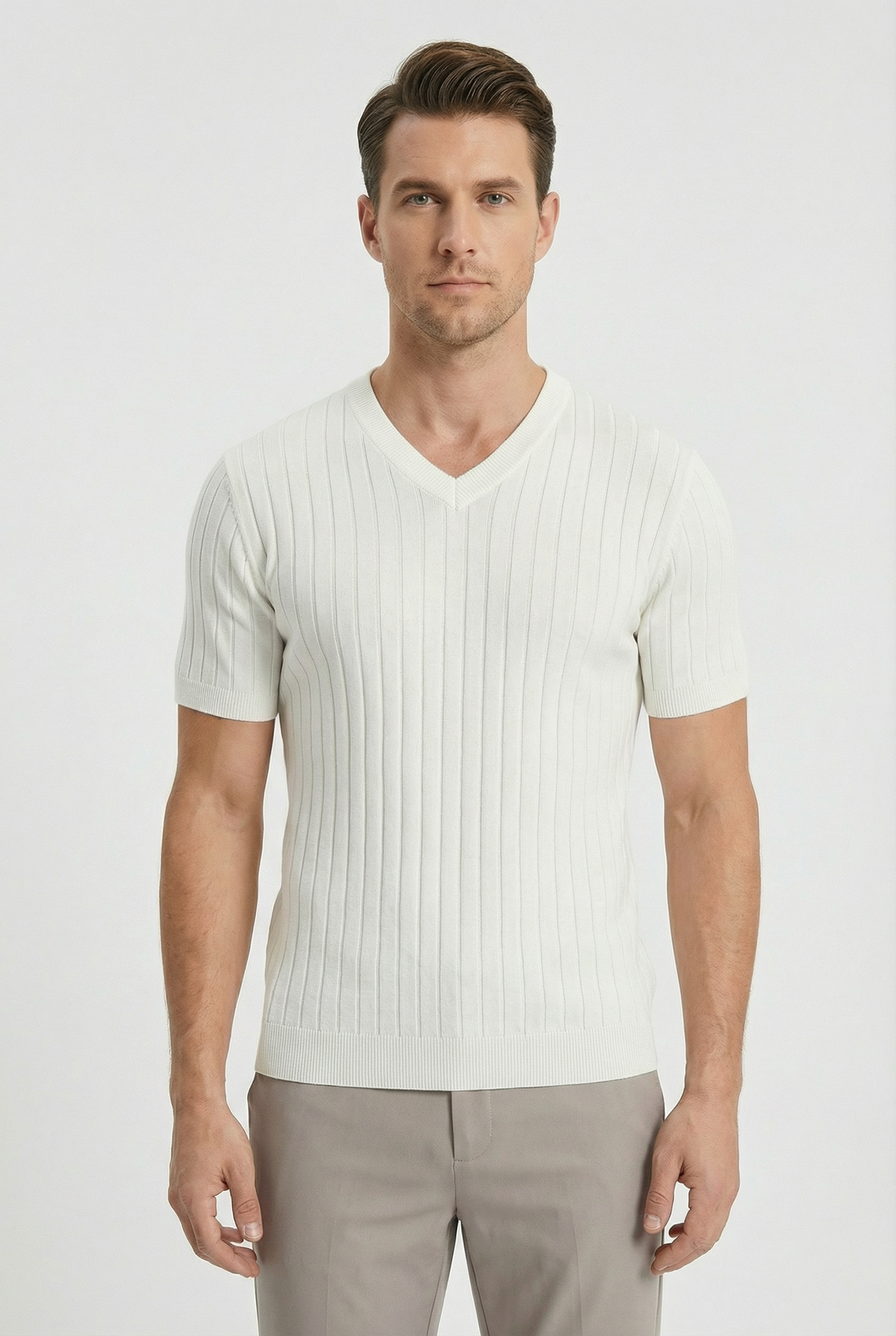 Men's T Shirt Ribbed Knit Soft Stretch V-Neck Short Sleeve Casual Wear