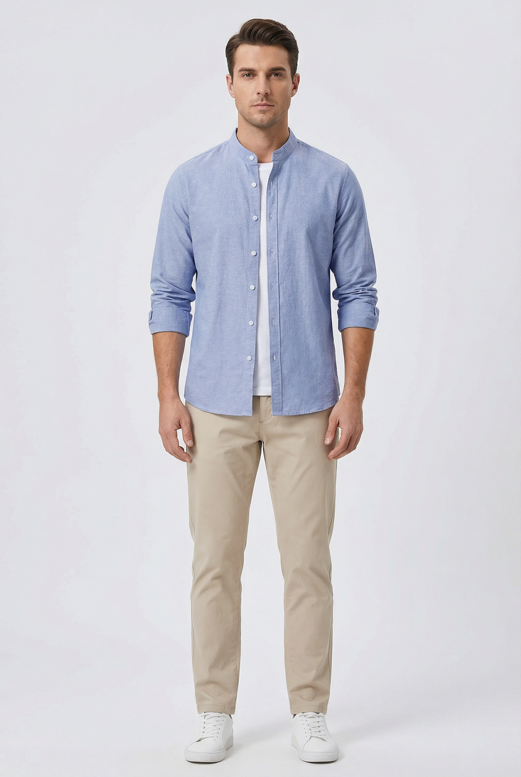 Men's Shirt Linen Relaxed Fit Mandarin Collar Lightweight Casual