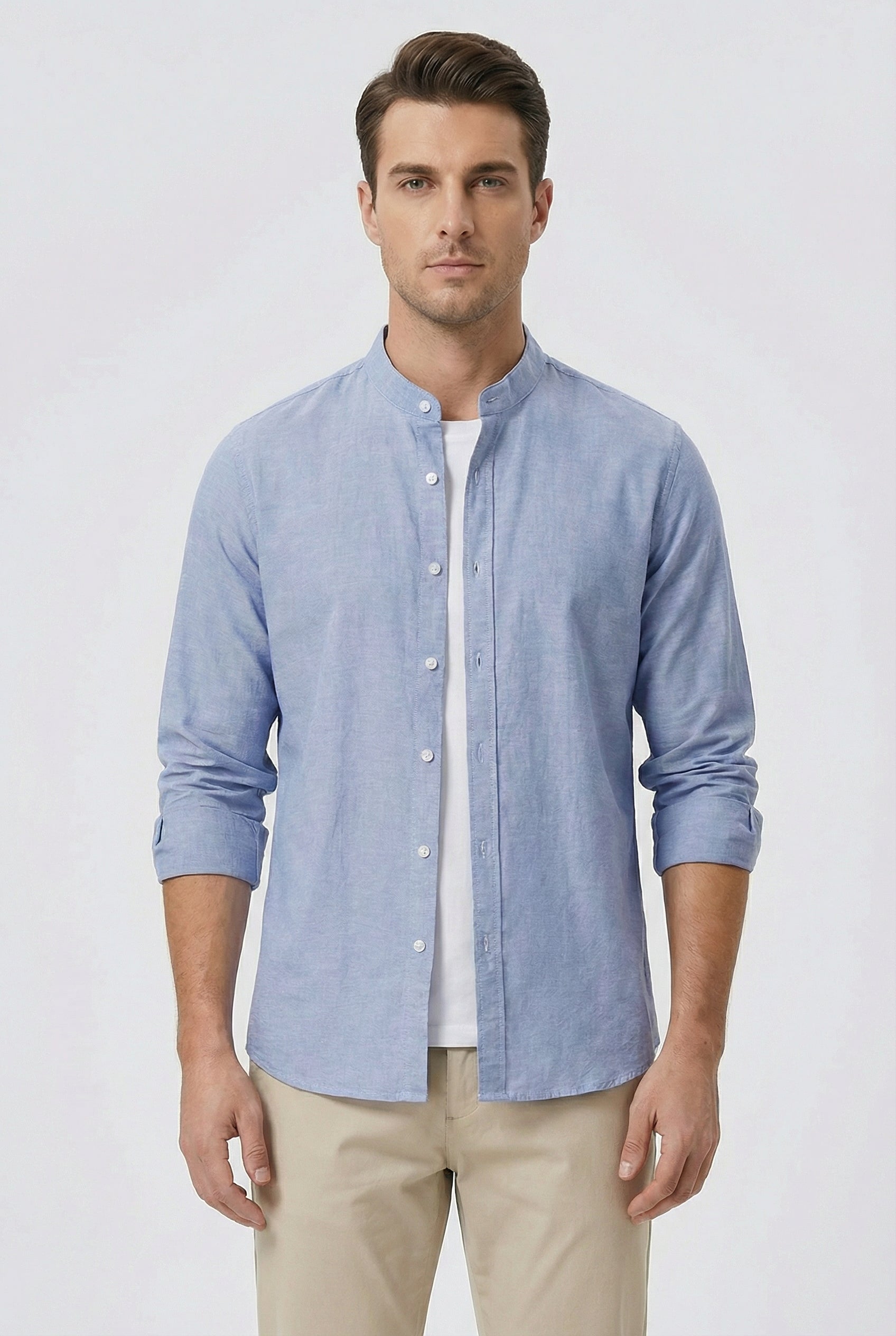 Men's Shirt Linen Relaxed Fit Mandarin Collar Lightweight Casual