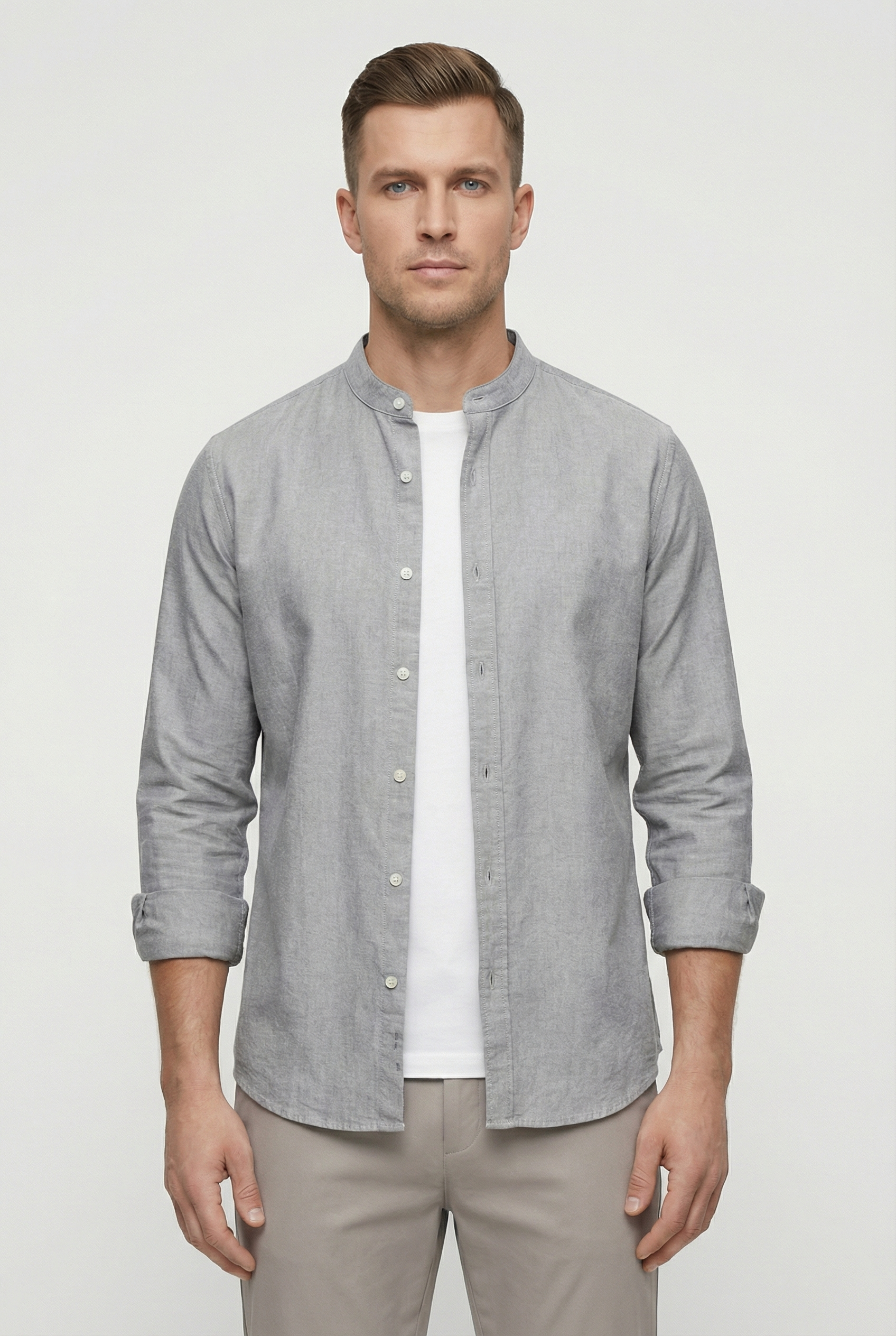 Men's Shirt Linen Relaxed Fit Mandarin Collar Lightweight Casual