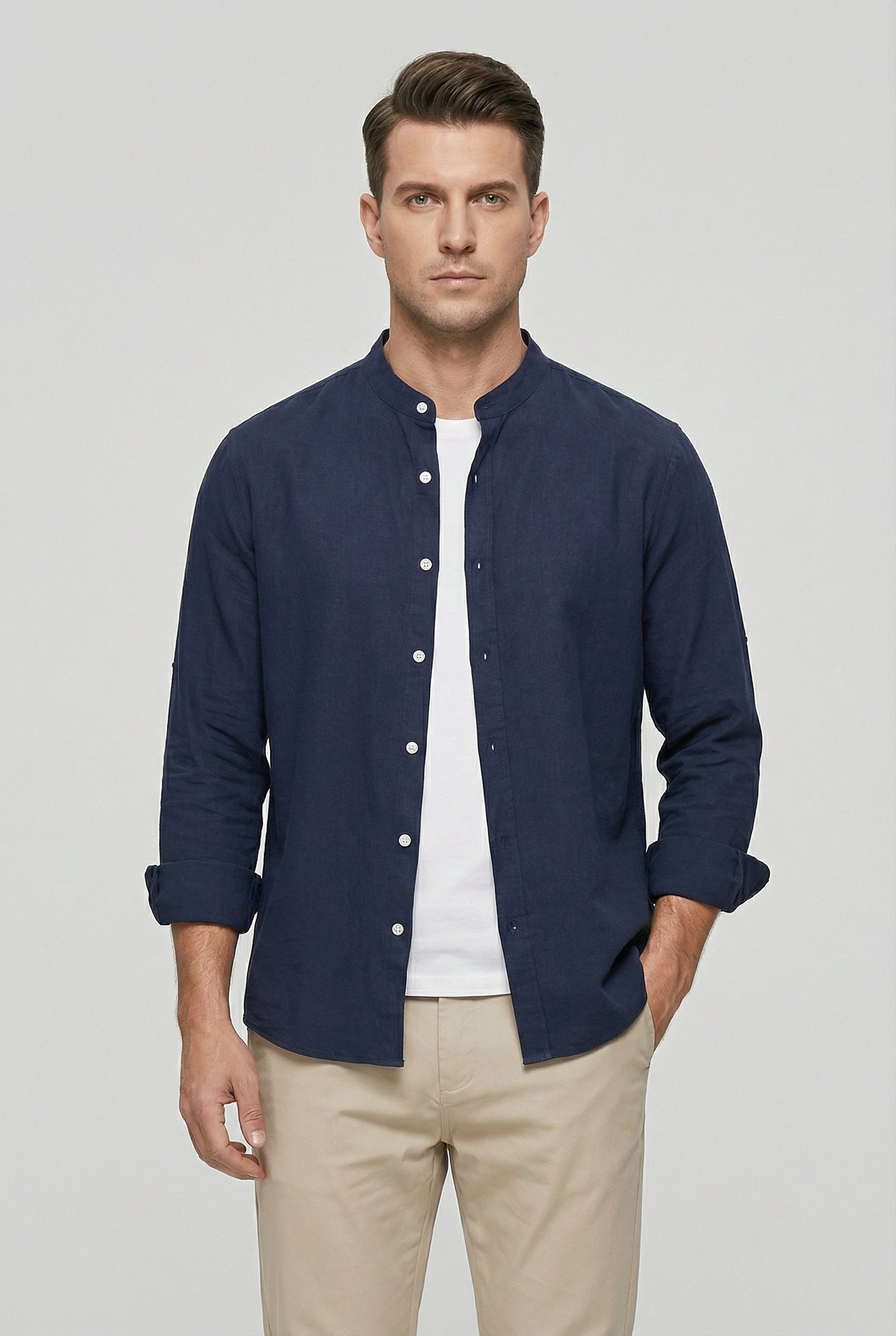 Men's Shirt Linen Relaxed Fit Mandarin Collar Lightweight Casual