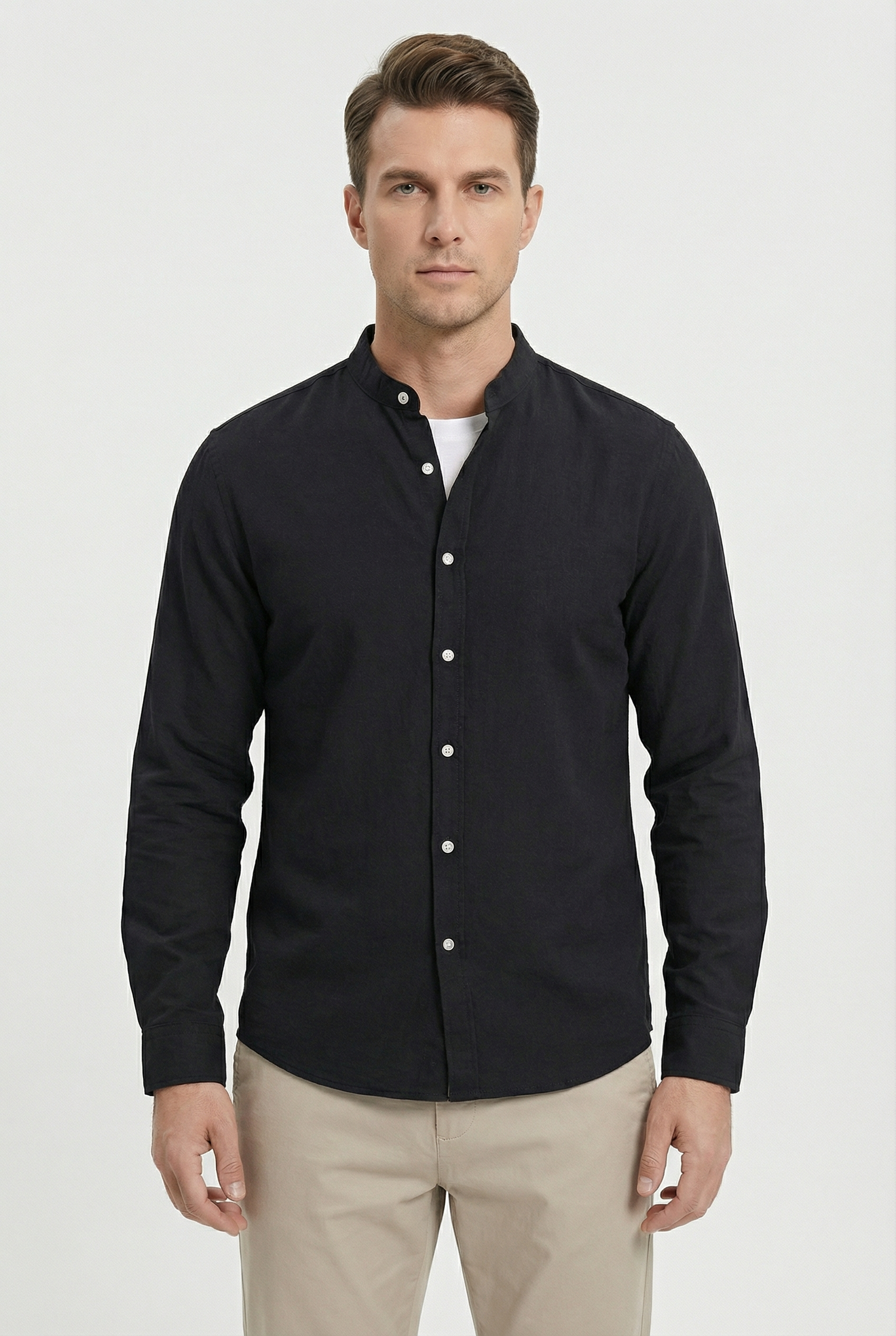Men's Shirt Linen Relaxed Fit Mandarin Collar Lightweight Casual