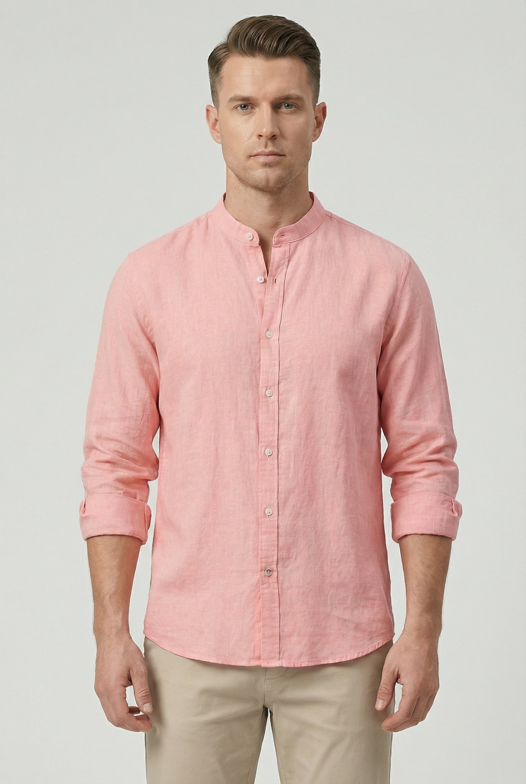 Men's Shirt Linen Relaxed Fit Mandarin Collar Lightweight Casual