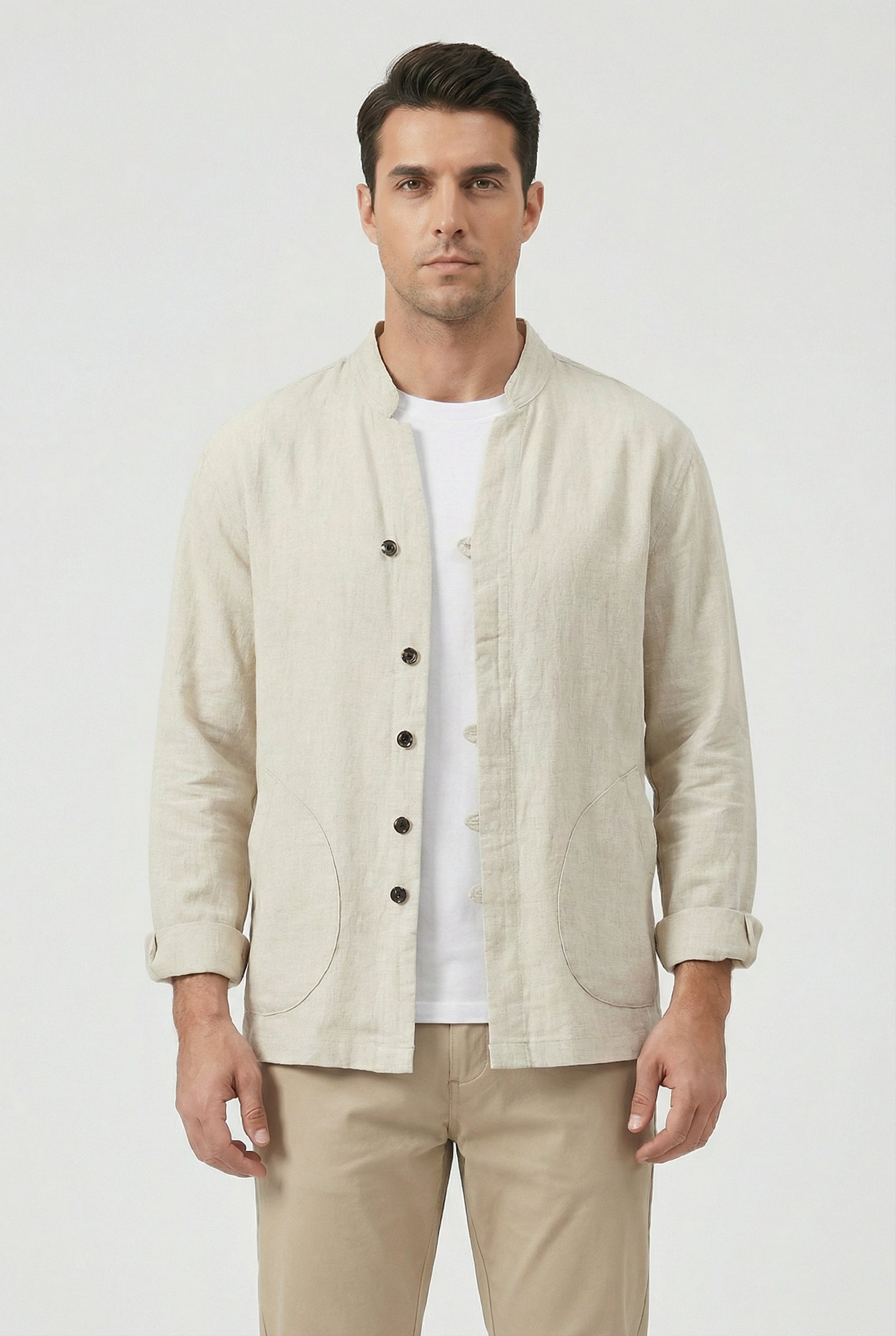 Men's Shirt Jacket Linen Relaxed Fit Mandarin Collar Long Sleeve Casual Layering
