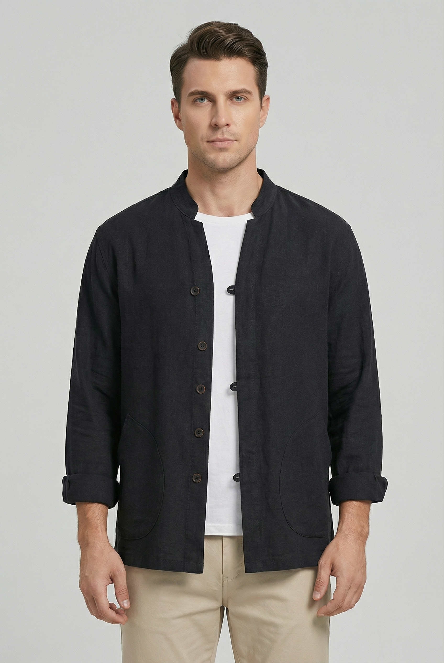 Men's Shirt Jacket Linen Relaxed Fit Mandarin Collar Long Sleeve Casual Layering
