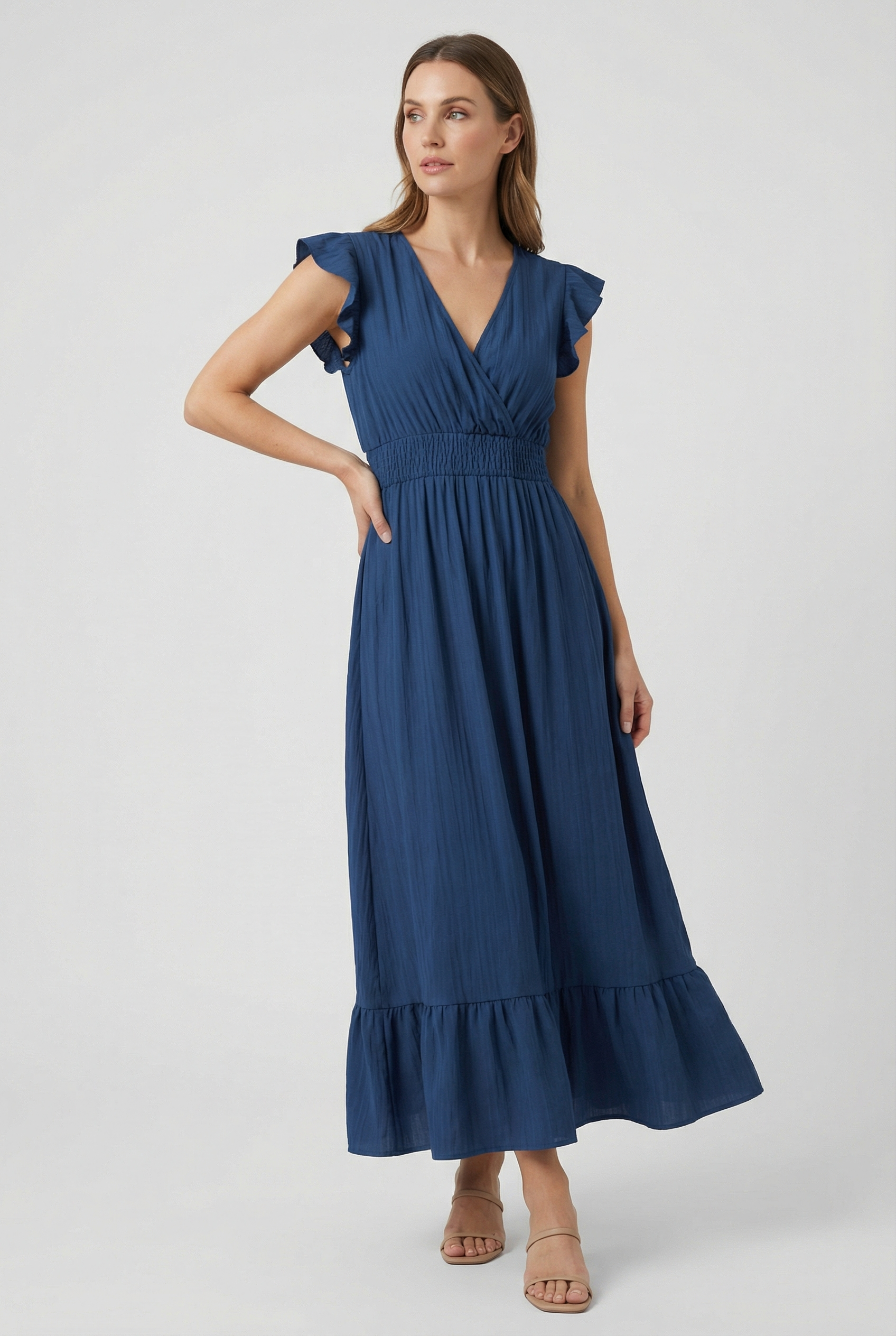 Womens Dress Blend Deep V-Neck Ruffled A-Line Formal Dress