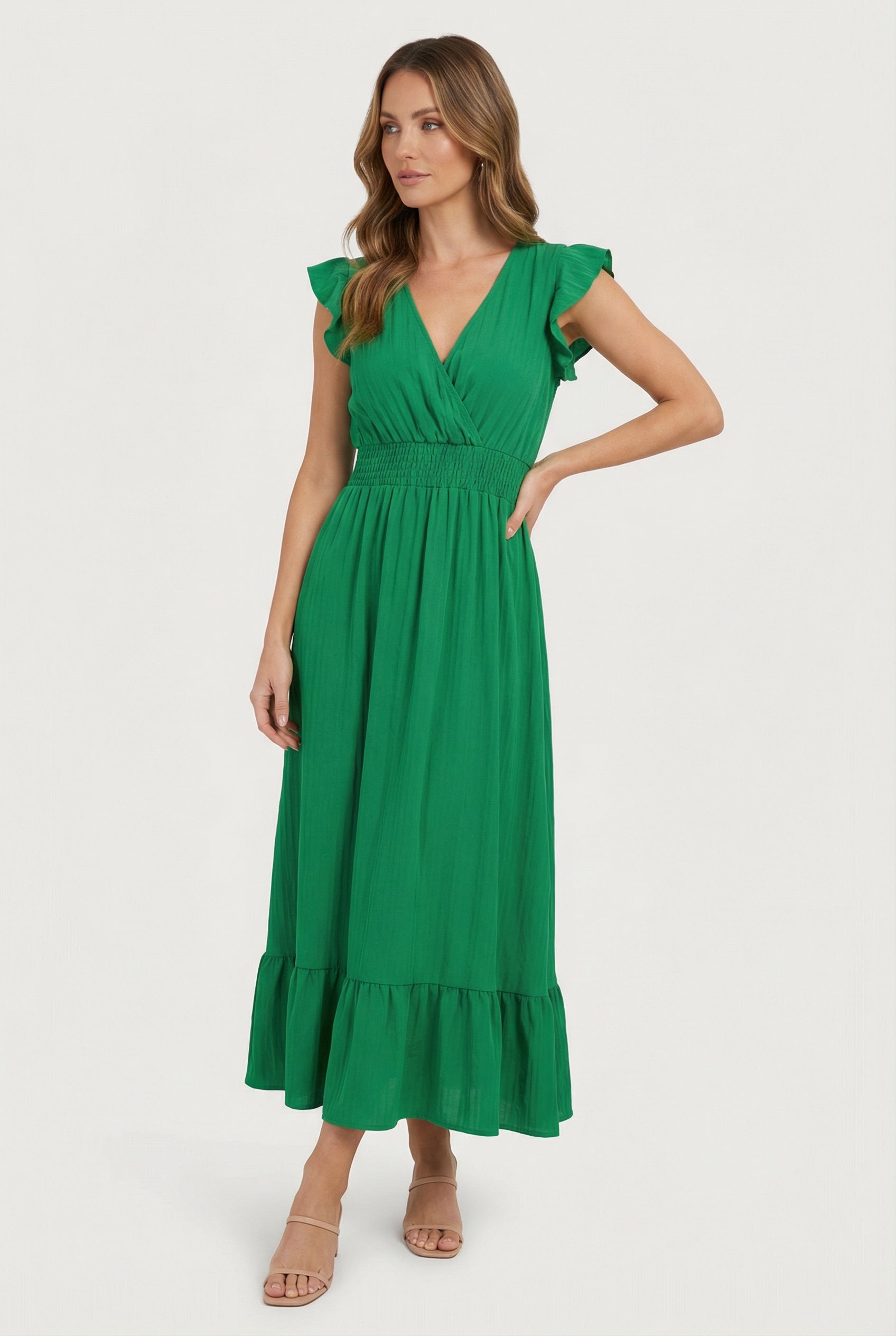 Womens Dress Blend Deep V-Neck Ruffled A-Line Formal Dress