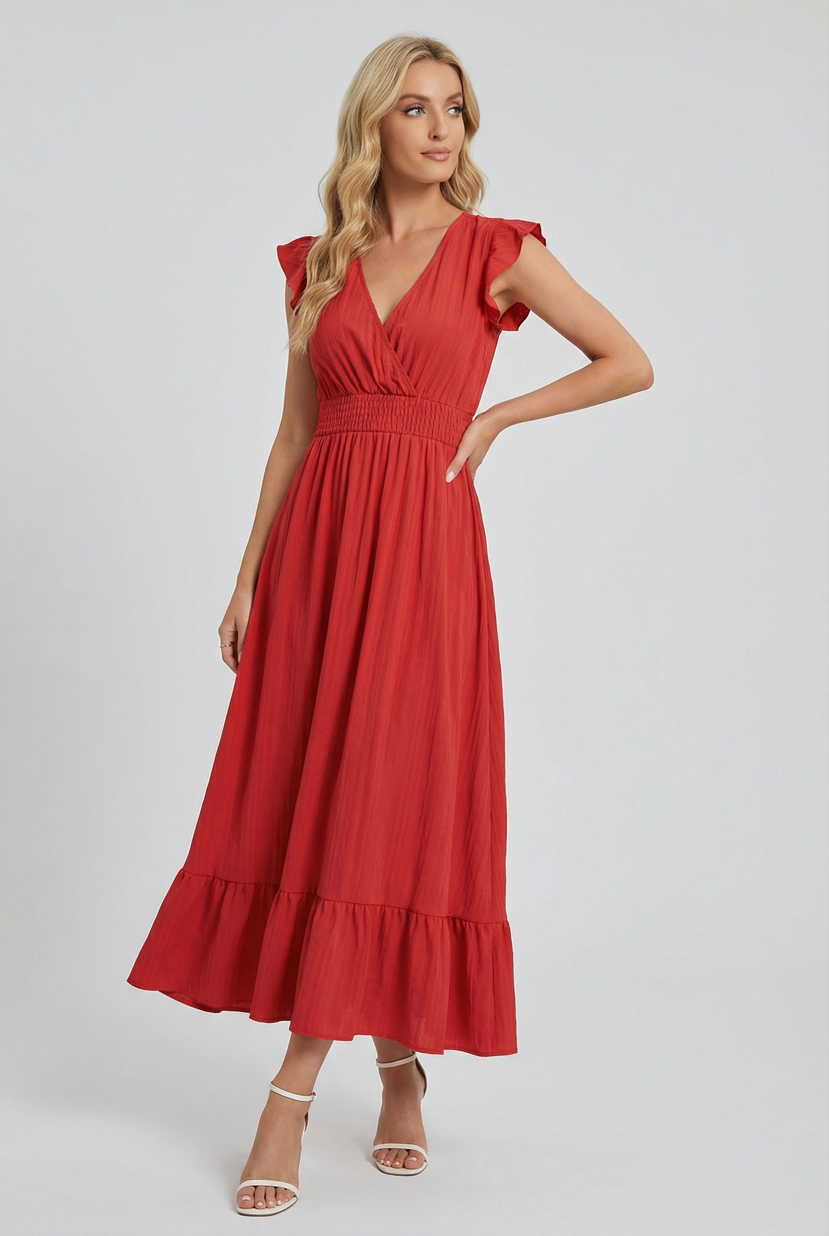 Womens Dress Blend Deep V-Neck Ruffled A-Line Formal Dress