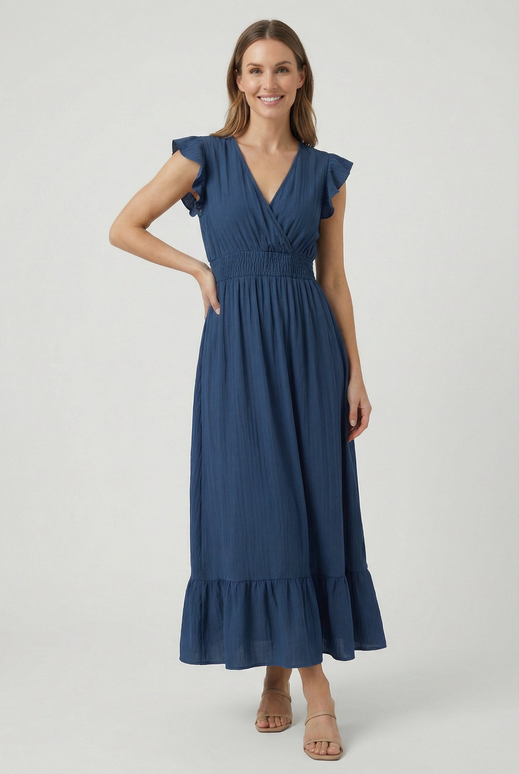 Womens Dress Blend Deep V-Neck Ruffled A-Line Formal Dress