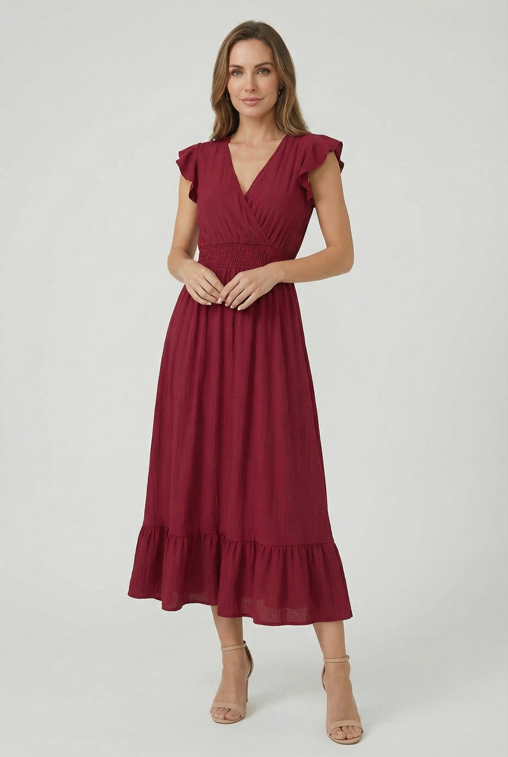 Womens Dress Blend Deep V-Neck Ruffled A-Line Formal Dress