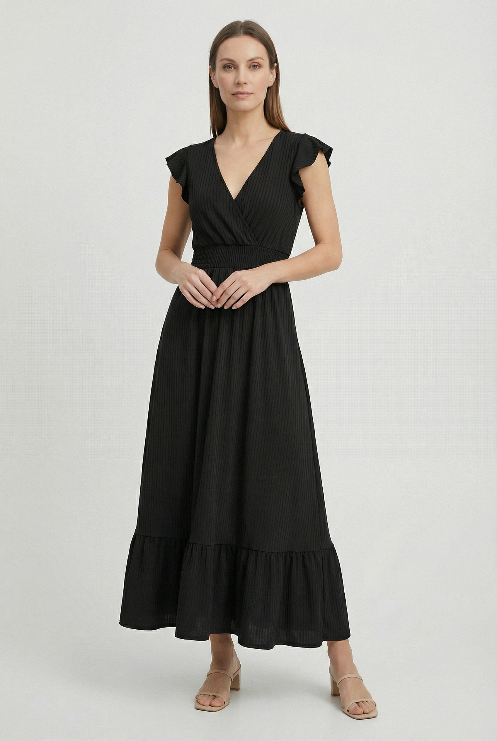 Womens Dress Blend Deep V-Neck Ruffled A-Line Formal Dress