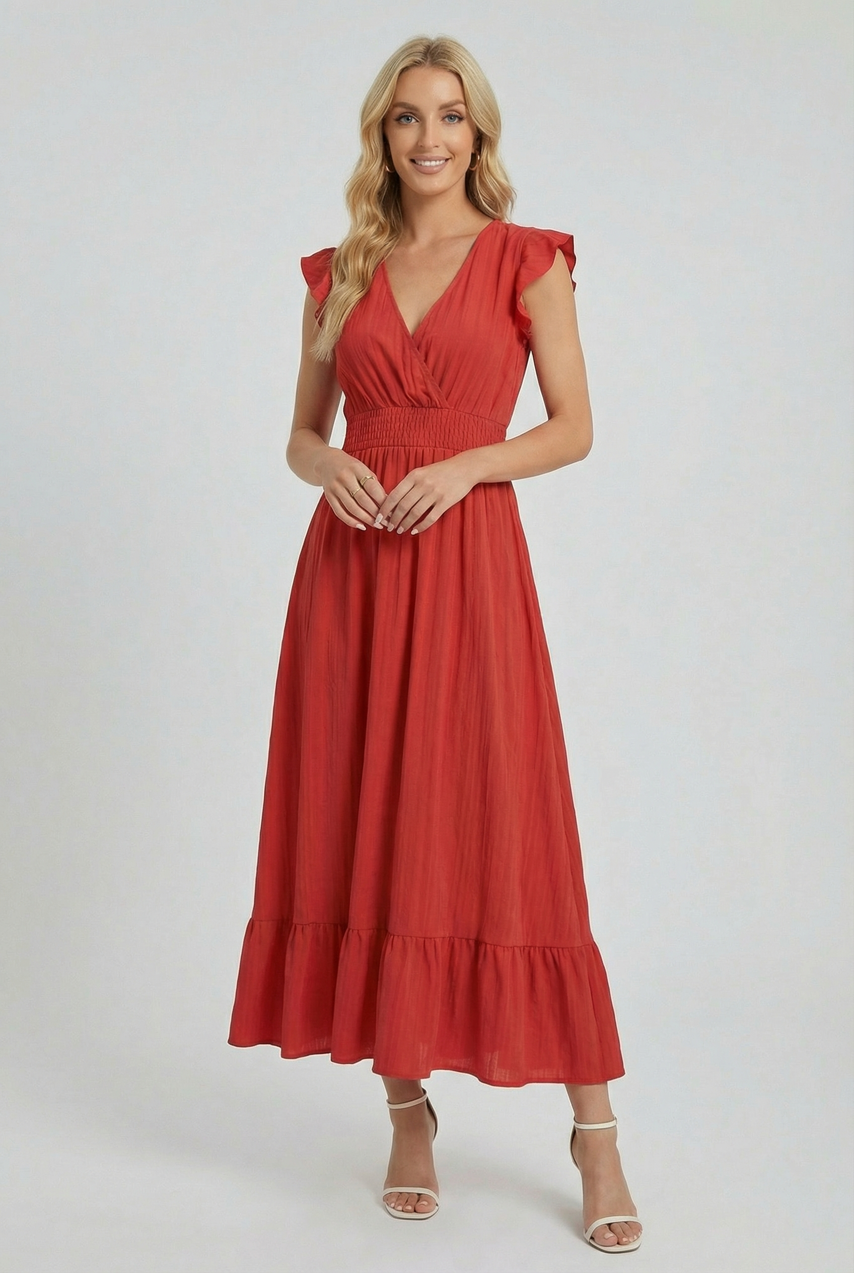 Womens Dress Blend Deep V-Neck Ruffled A-Line Formal Dress