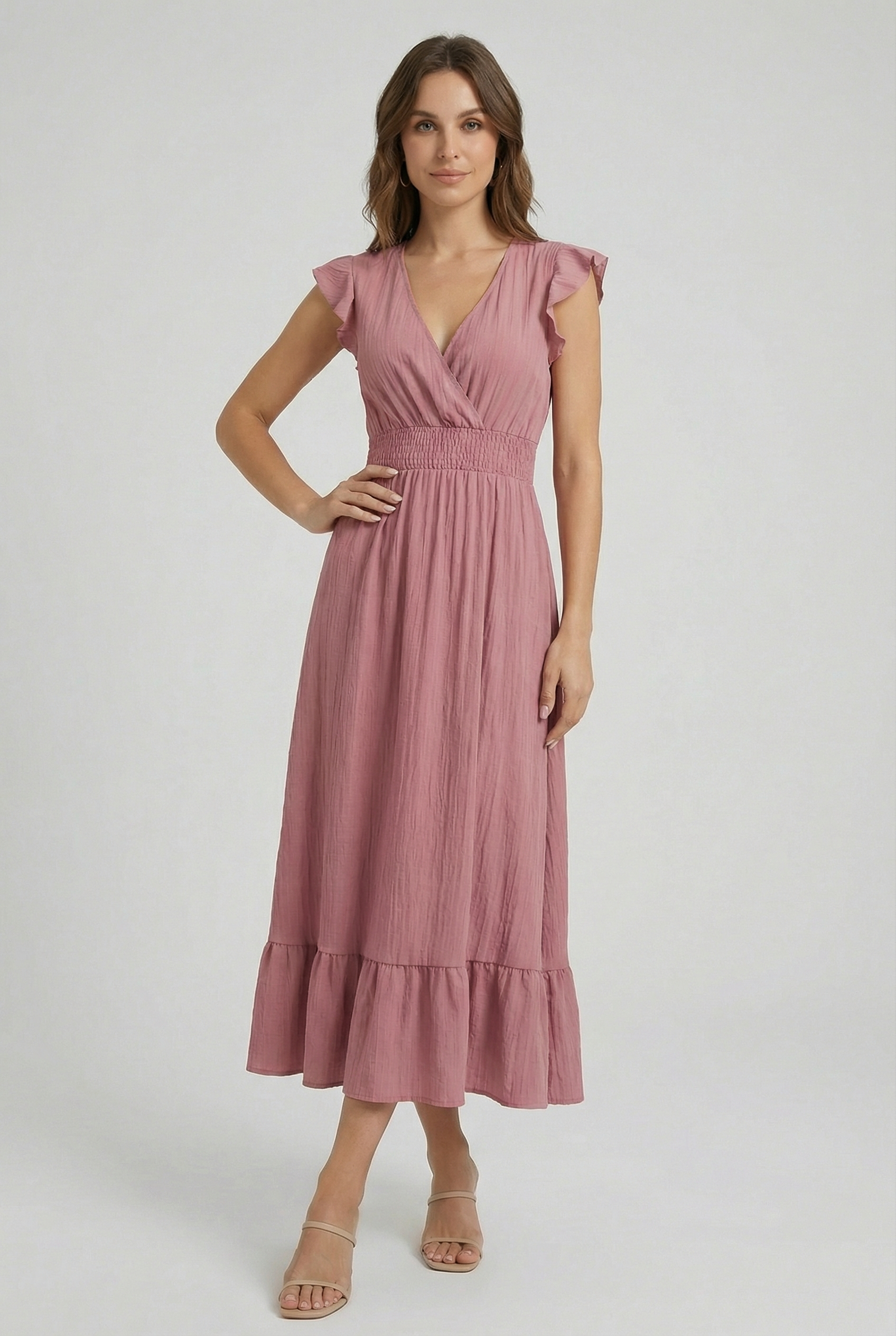 Womens Dress Blend Deep V-Neck Ruffled A-Line Formal Dress