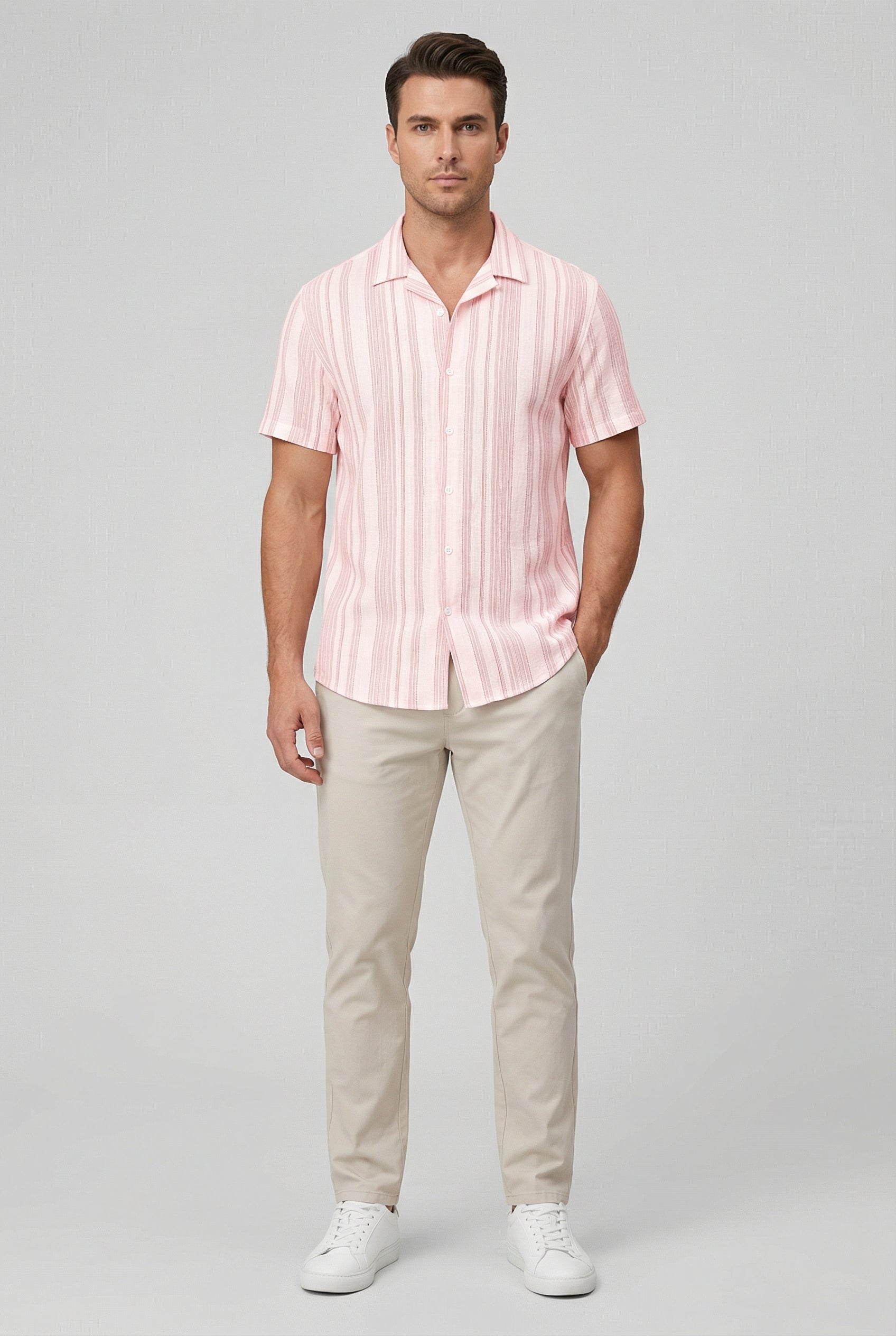 Men's Shirt Cotton Short Sleeve Striped Design with 3D Digital Print