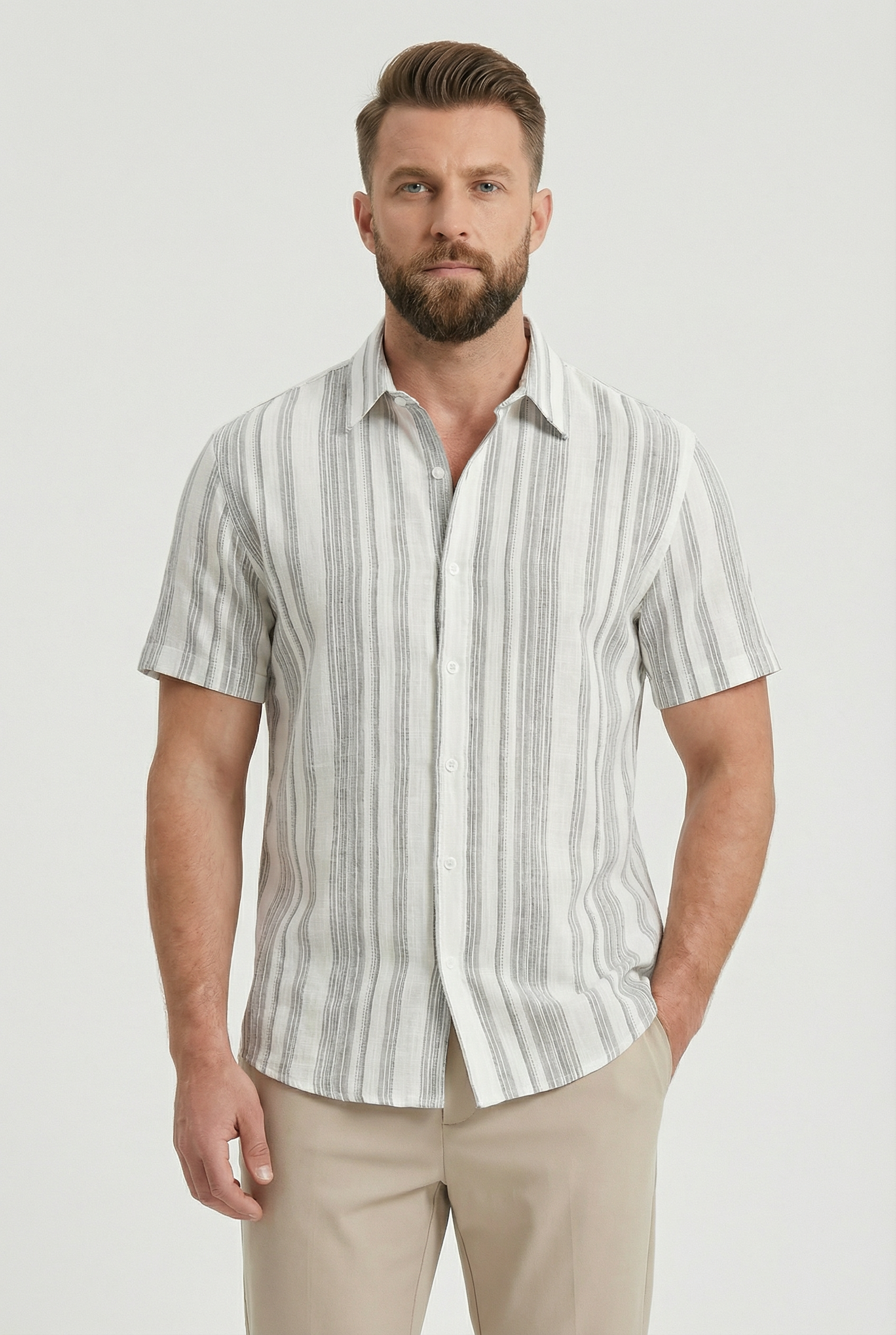 Men's Shirt Cotton Short Sleeve Striped Design with 3D Digital Print