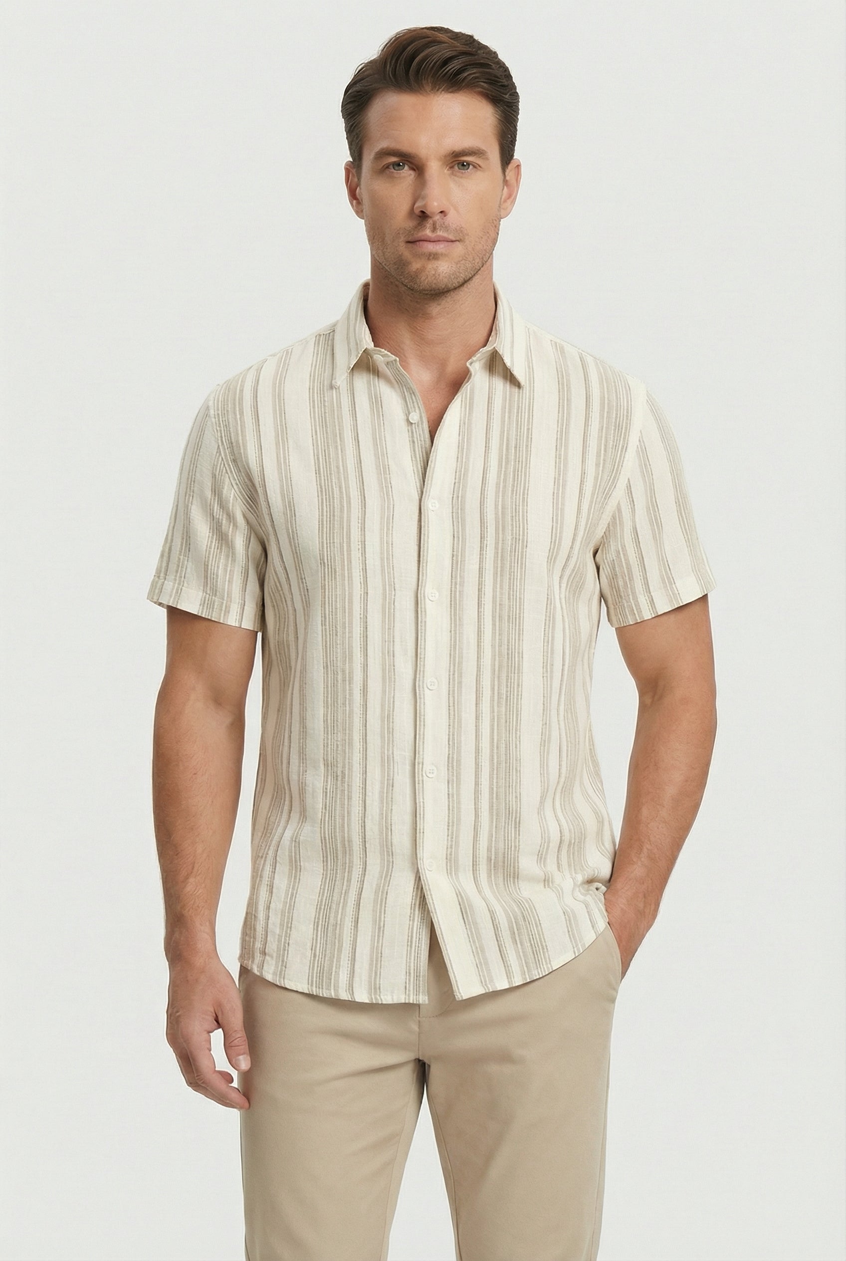 Men's Shirt Cotton Short Sleeve Striped Design with 3D Digital Print