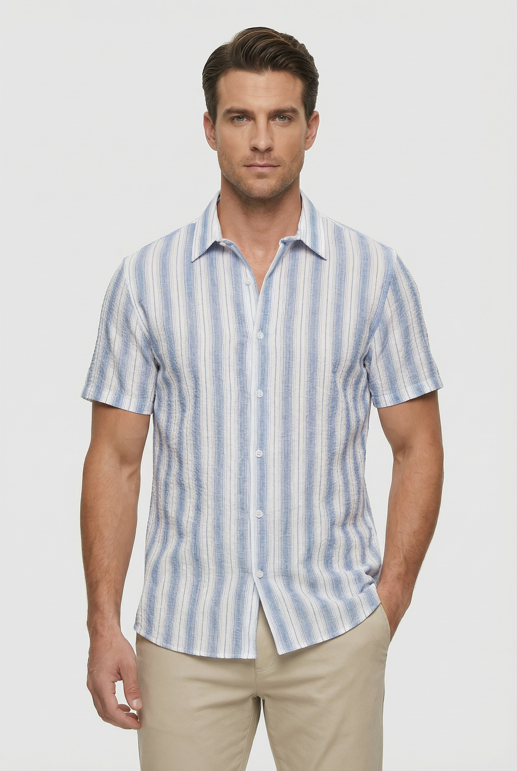 Men's Shirt Cotton Short Sleeve Striped Design with 3D Digital Print