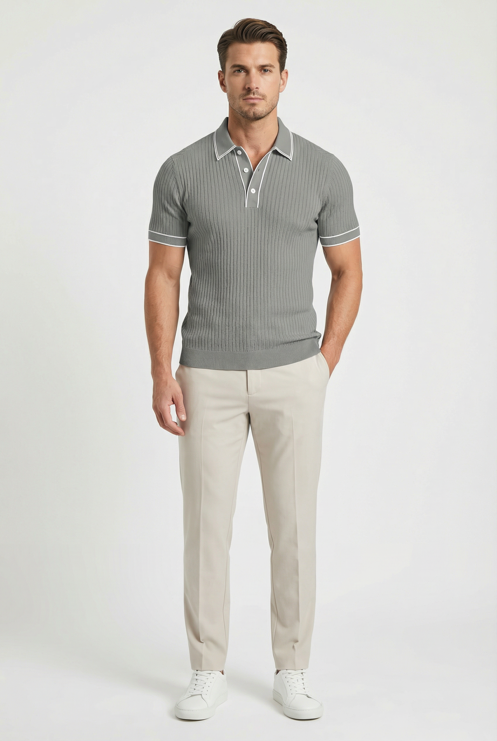 Men's Polo Shirt Knit Fabric Tailored Fit with Contrast Collar and Tipping