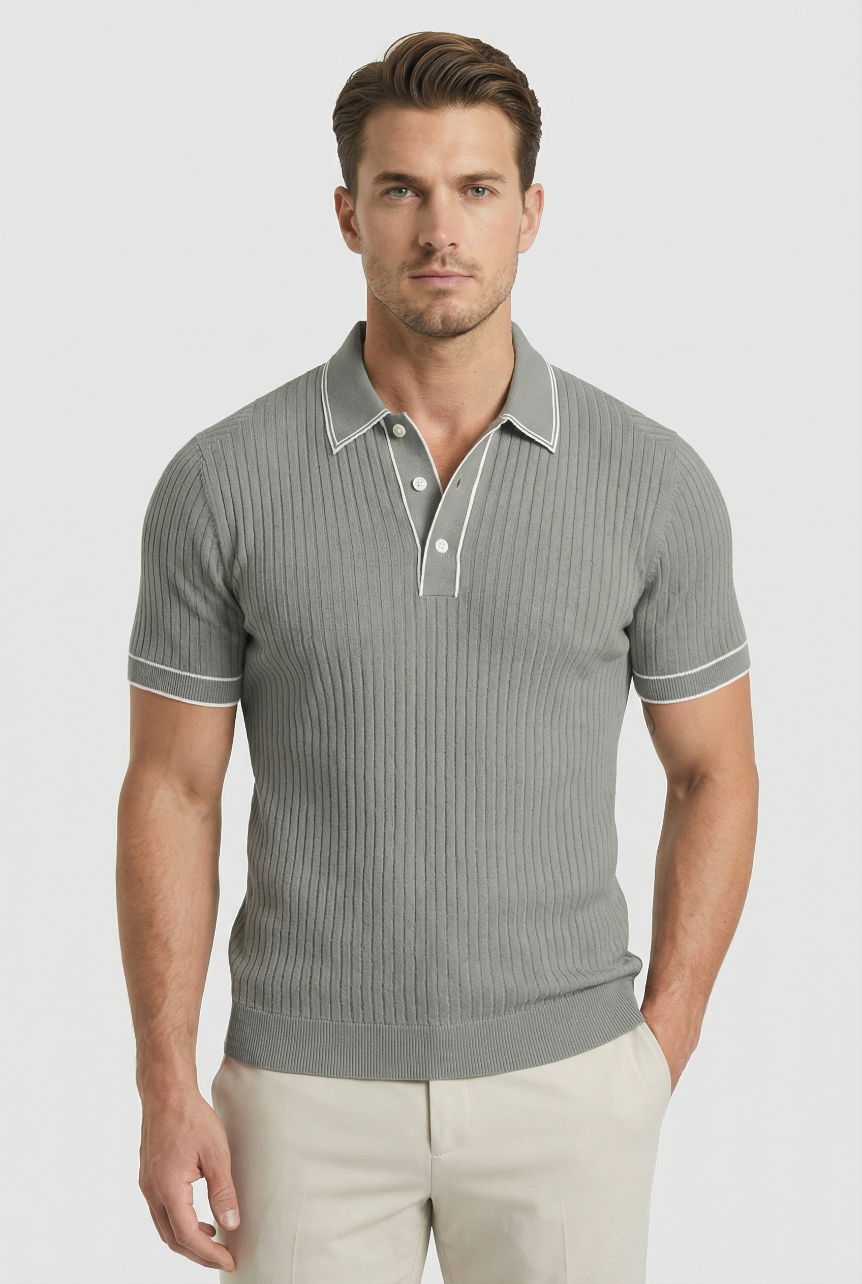 Men's Polo Shirt Knit Fabric Tailored Fit with Contrast Collar and Tipping