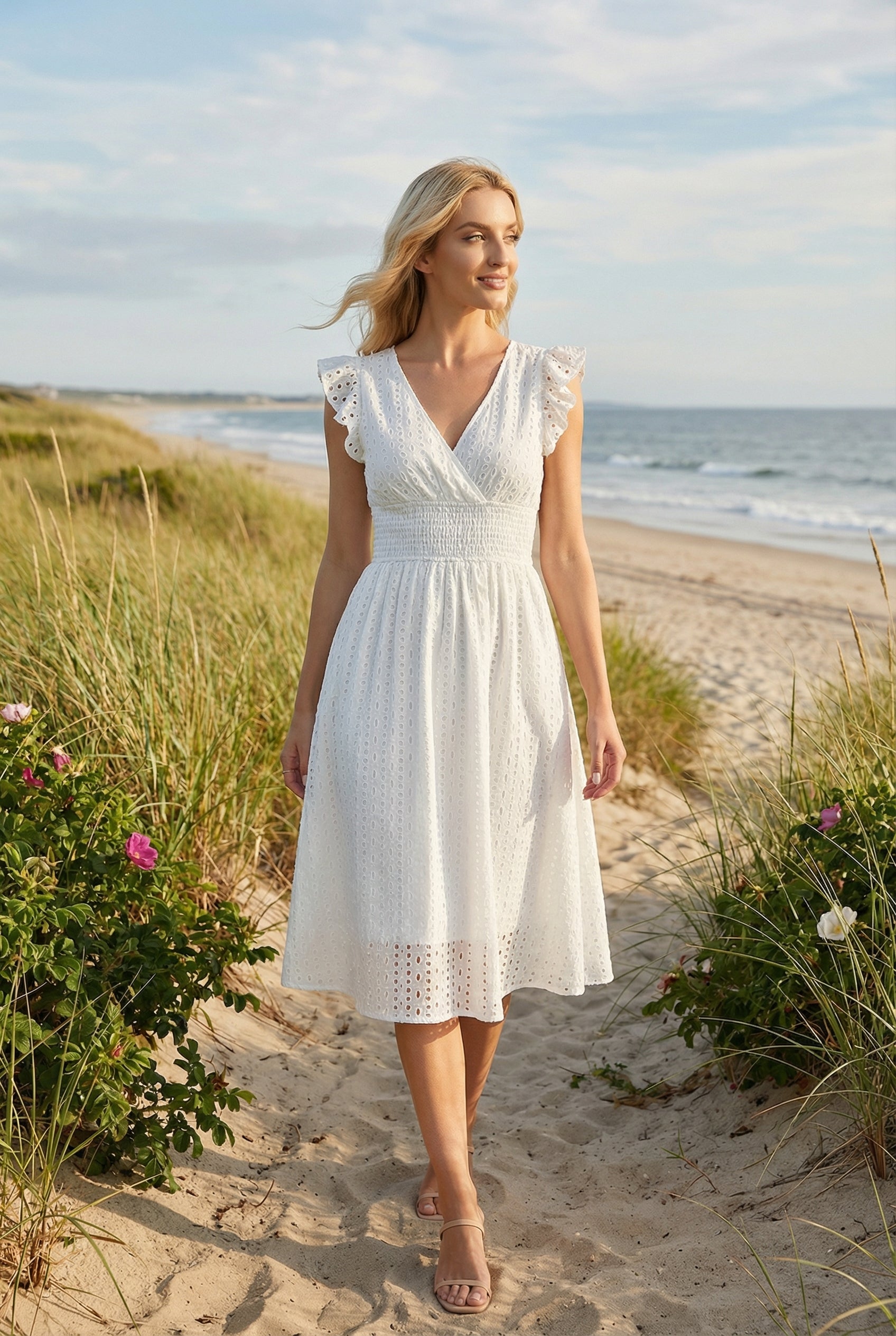 Women's Dress V-Neck Eyelet A-Line Casual Summer Dress