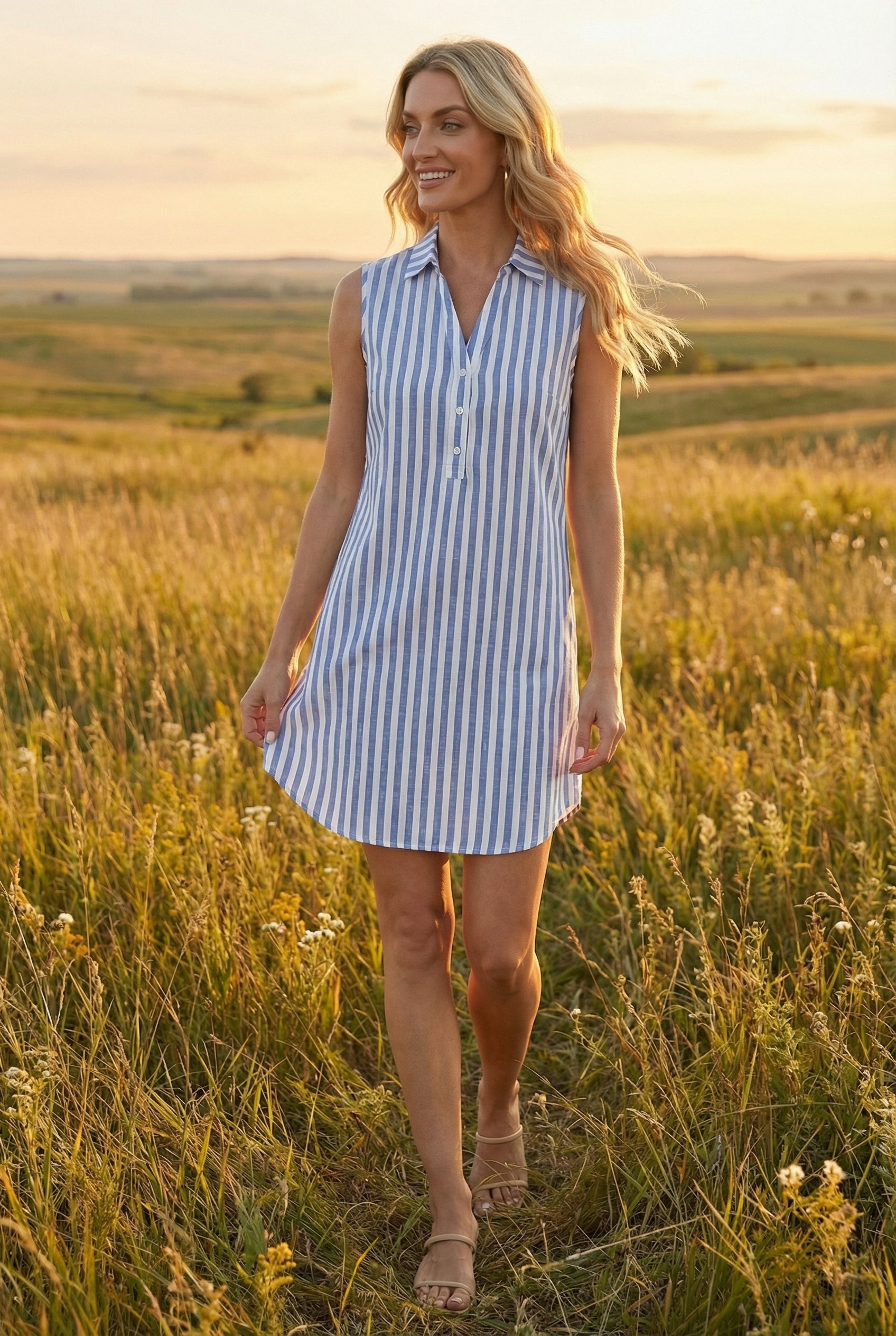 Women's Dress Cotton Blend Sleeveless Striped Casual Shirt Dress