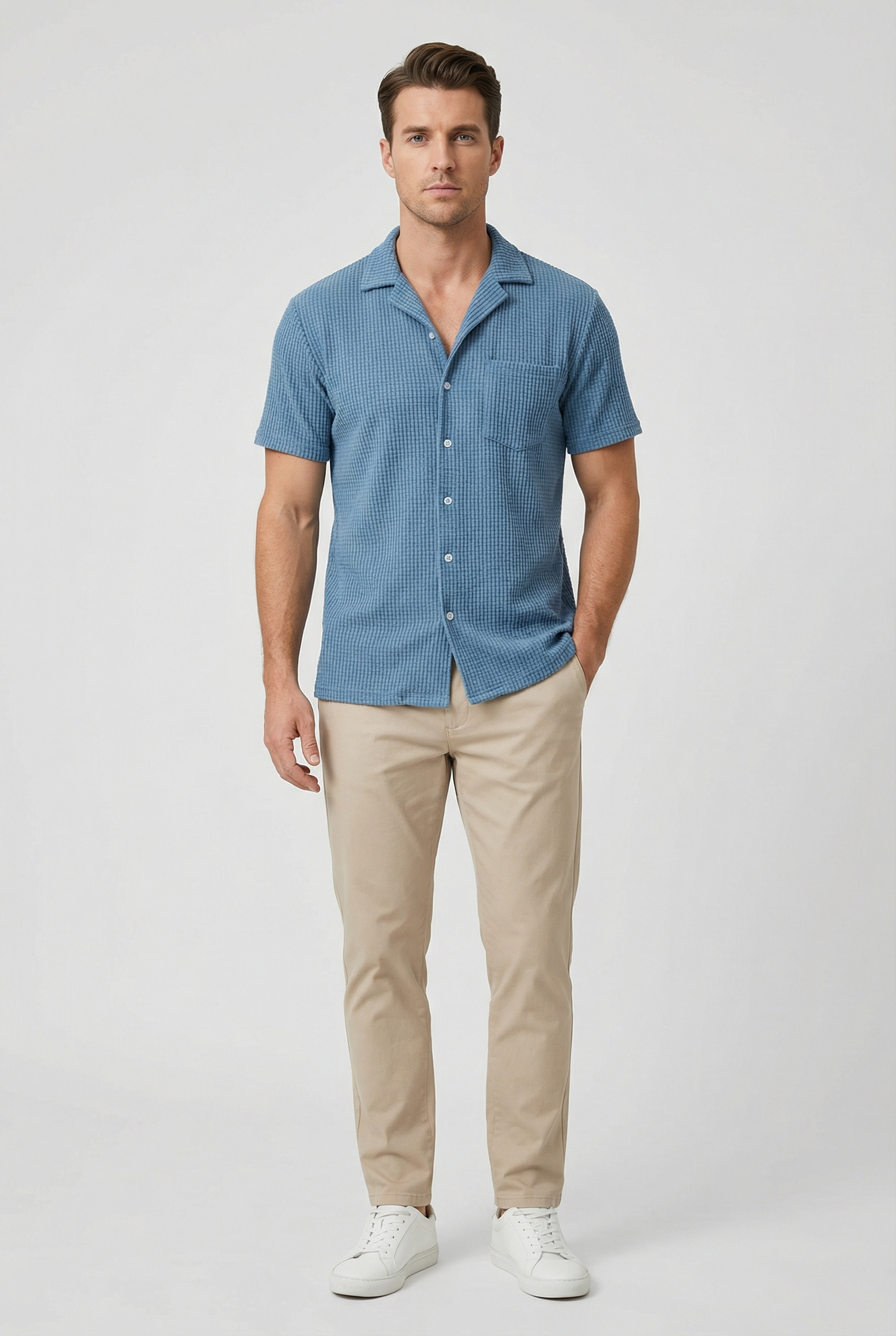 Men's Shirt Waffle Fabric Textured Design Casual Button Closure for Everyday Wear