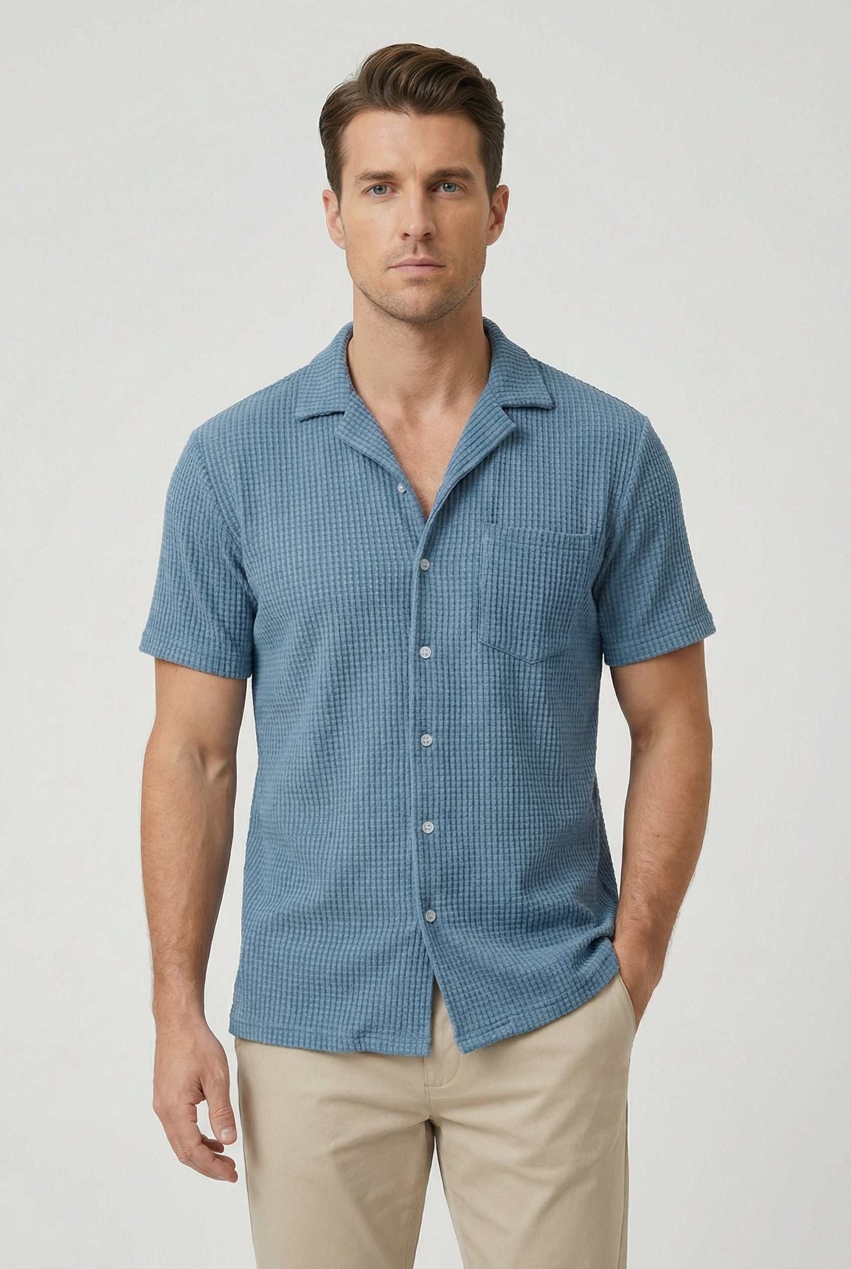 Men's Shirt Waffle Fabric Textured Design Casual Button Closure for Everyday Wear