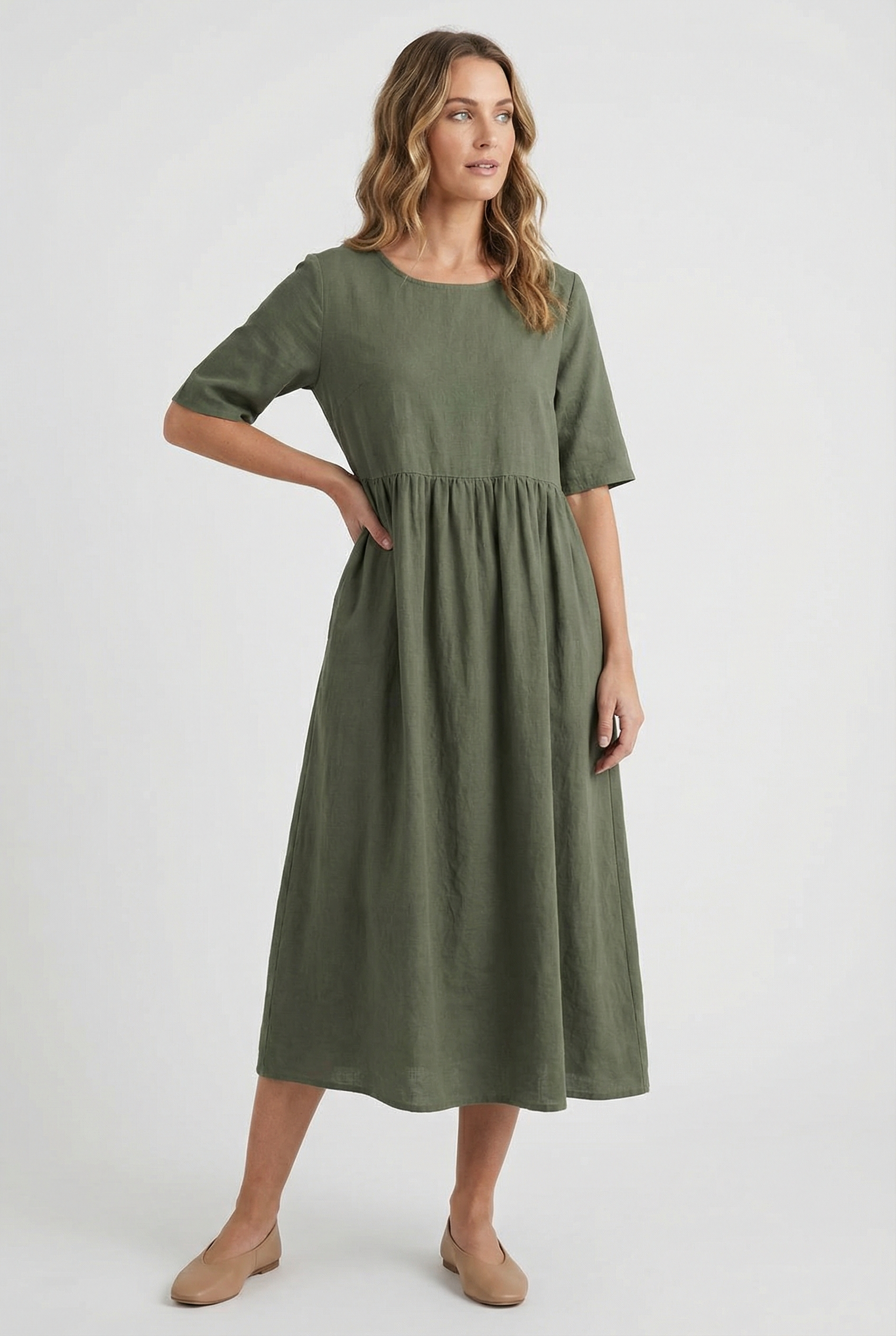 Women's Dress Cotton Linen Short Sleeve Casual with Pockets