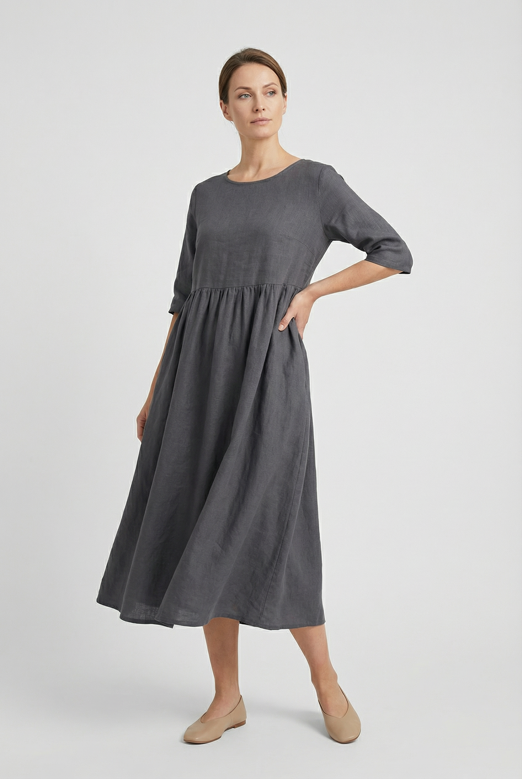 Women's Dress Cotton Linen Short Sleeve Casual with Pockets