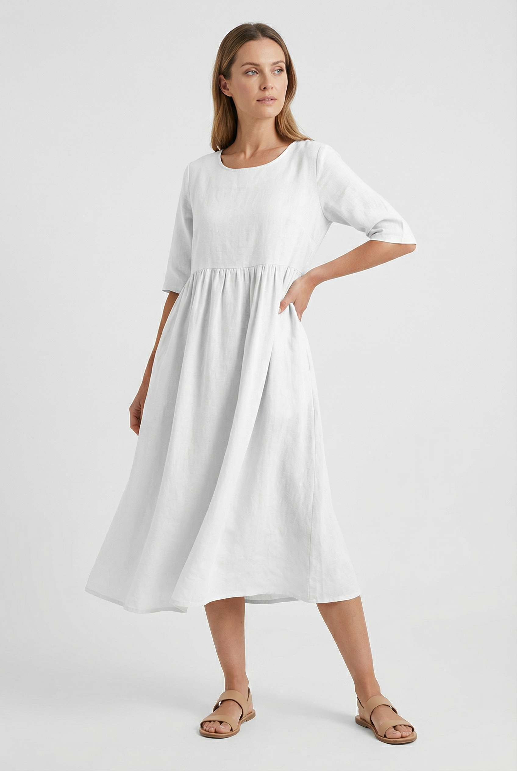 Women's Dress Cotton Linen Short Sleeve Casual with Pockets