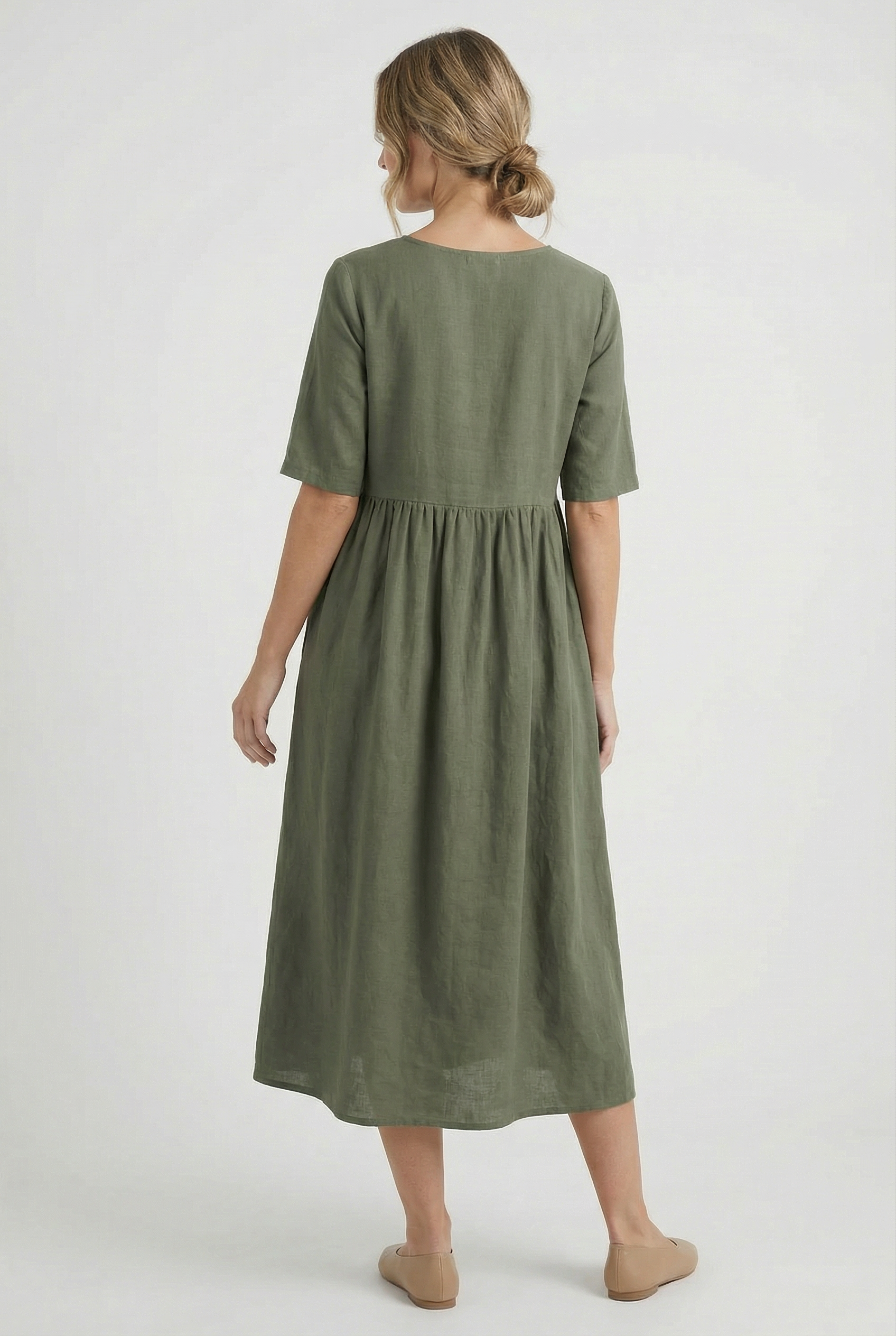 Women's Dress Cotton Linen Short Sleeve Casual with Pockets