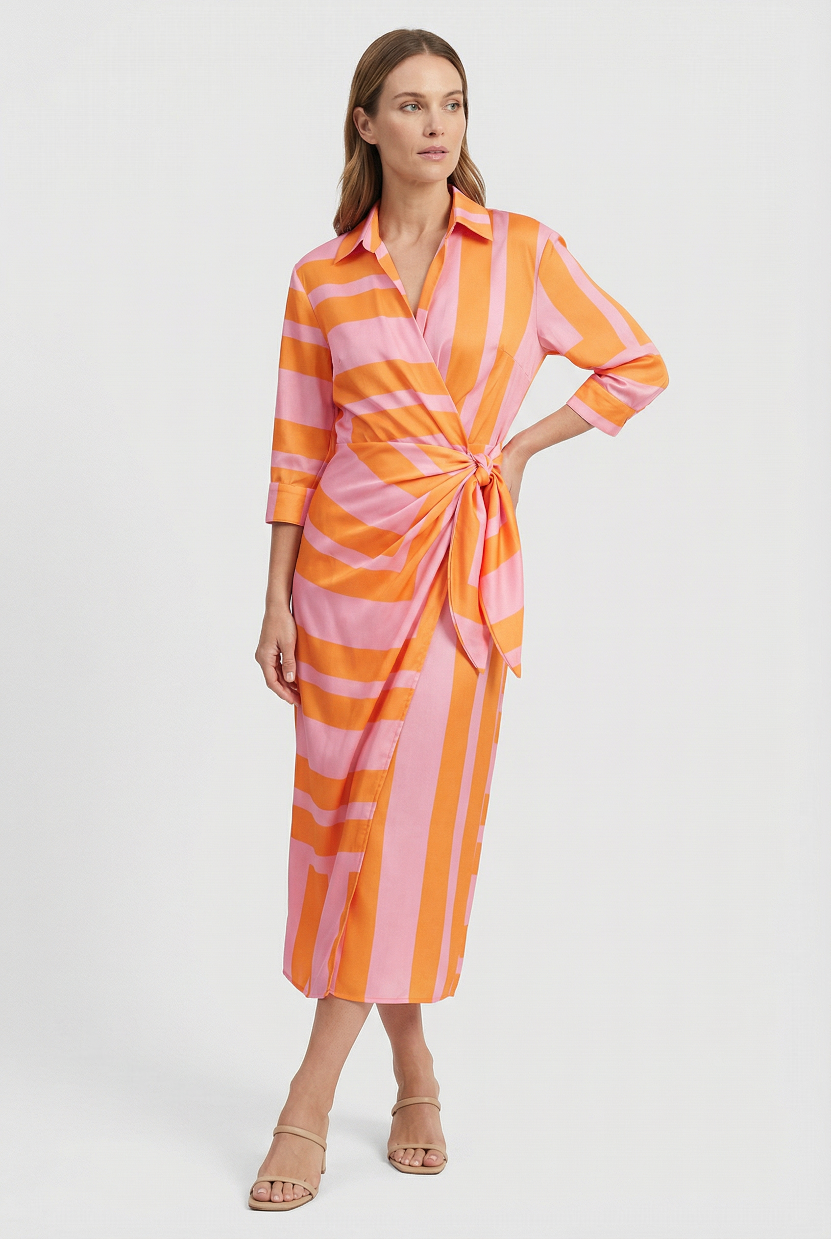 Women's Dress V-Neck Ankle-Length Wrap Dress with Adjustable Waist Tie