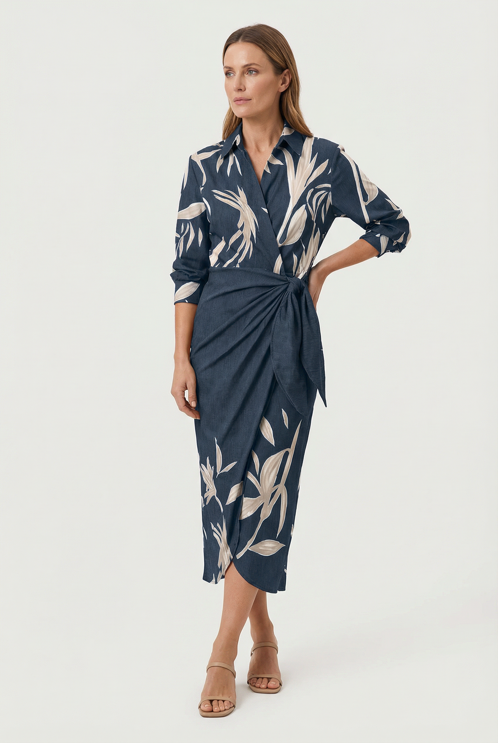 Women's Dress V-Neck Ankle-Length Wrap Dress with Adjustable Waist Tie