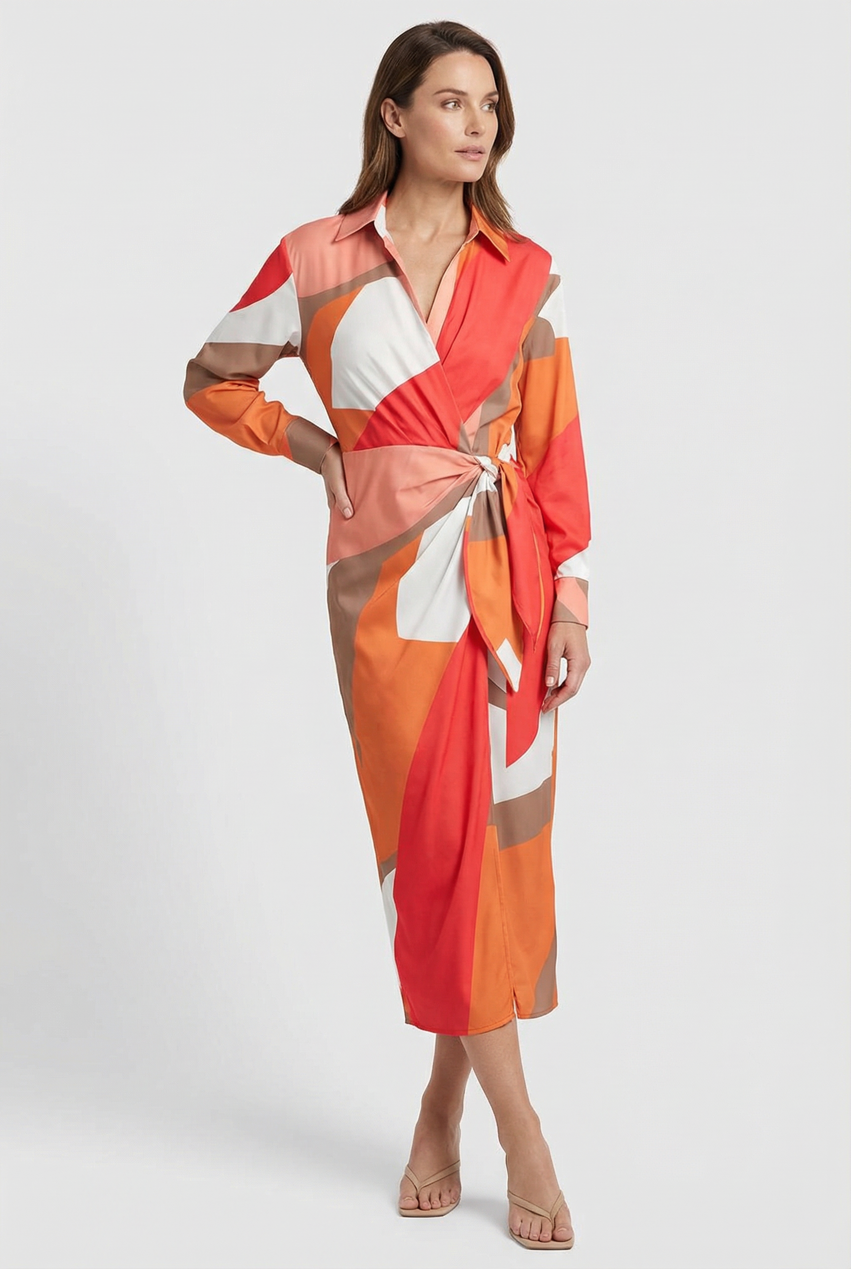 Women's Dress V-Neck Ankle-Length Wrap Dress with Adjustable Waist Tie