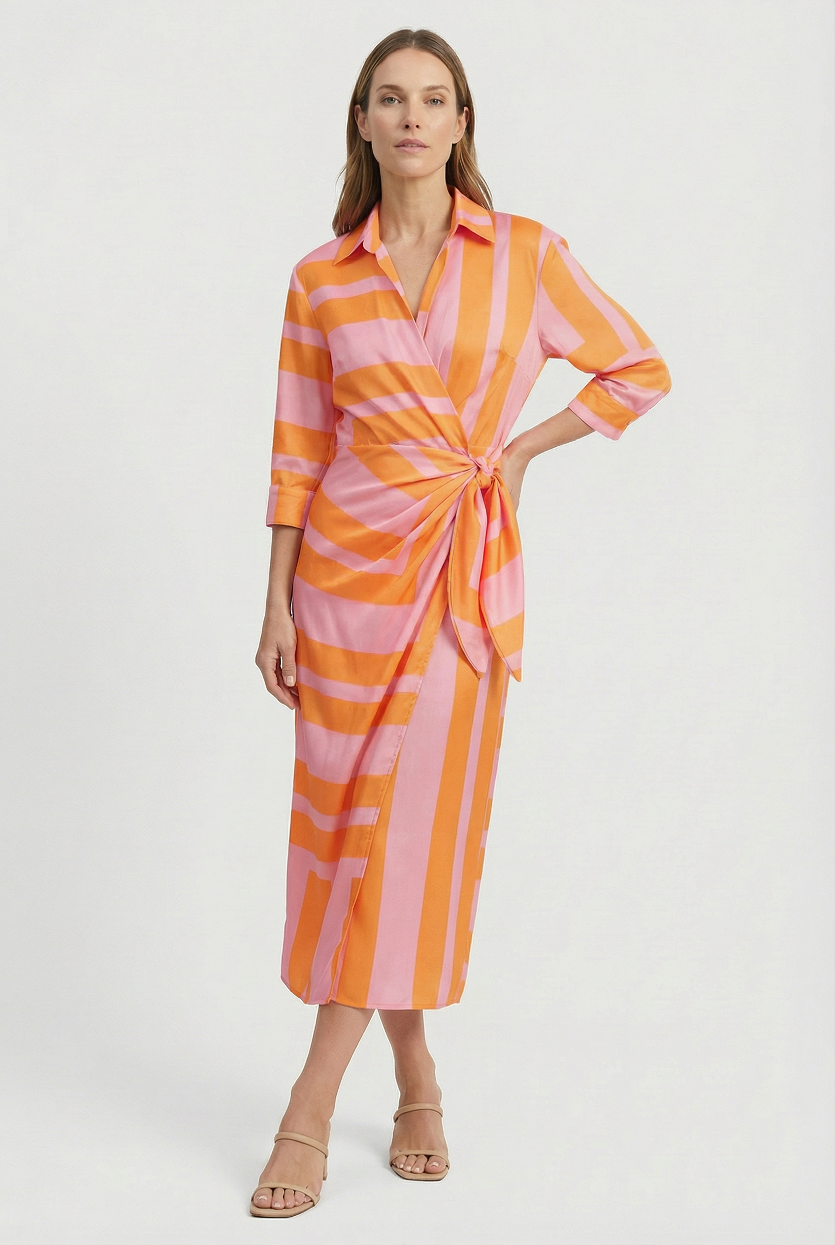 Women's Dress V-Neck Ankle-Length Wrap Dress with Adjustable Waist Tie