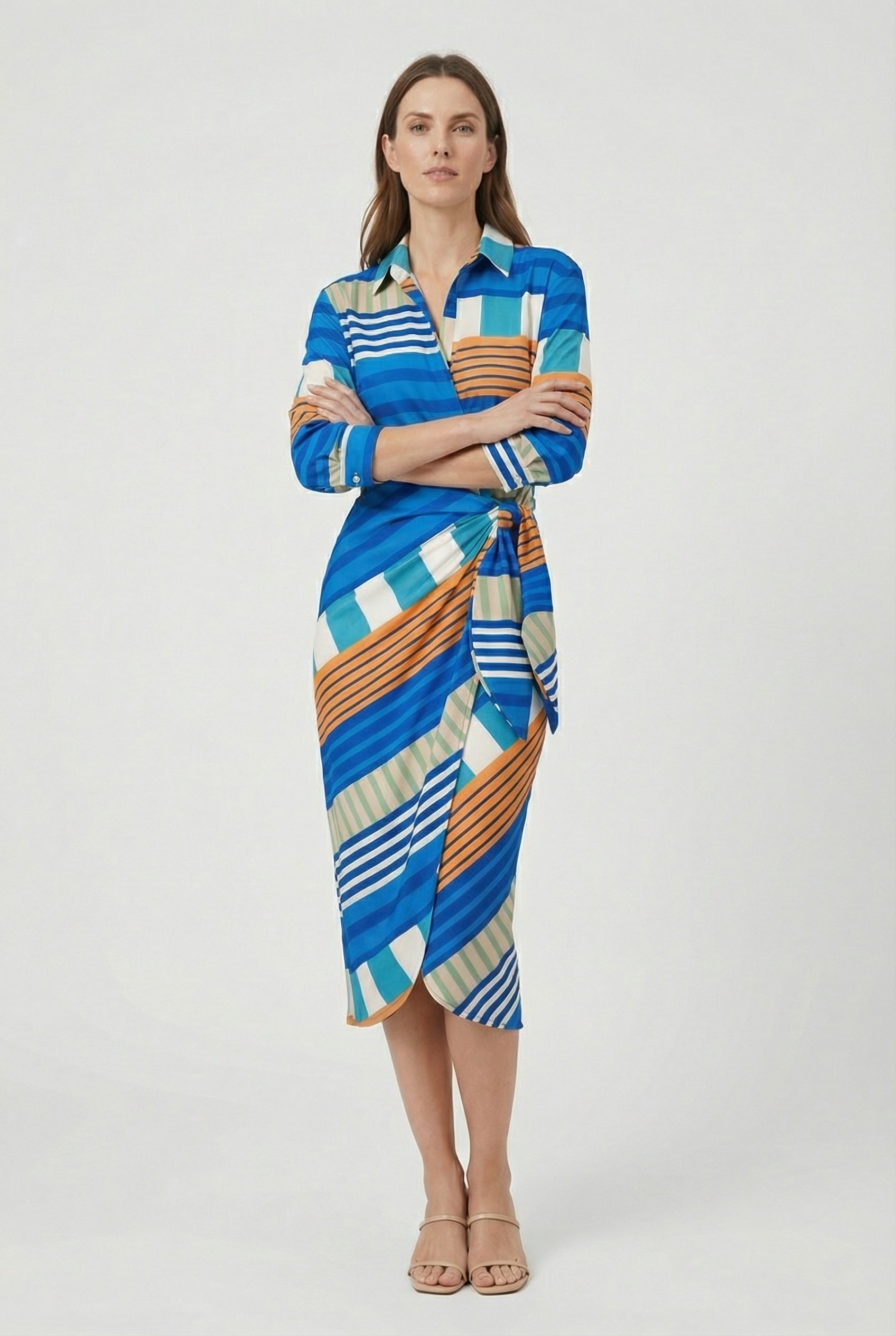 Women's Dress V-Neck Ankle-Length Wrap Dress with Adjustable Waist Tie