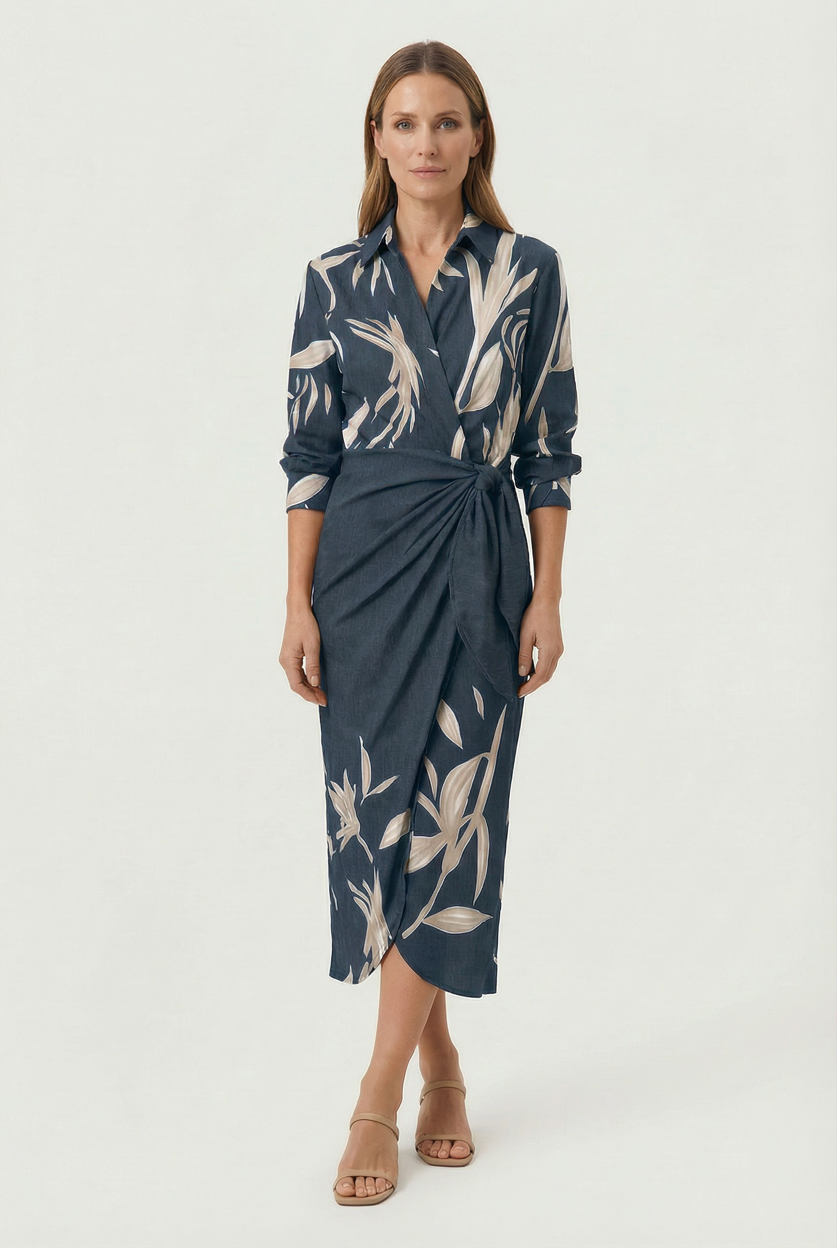 Women's Dress V-Neck Ankle-Length Wrap Dress with Adjustable Waist Tie