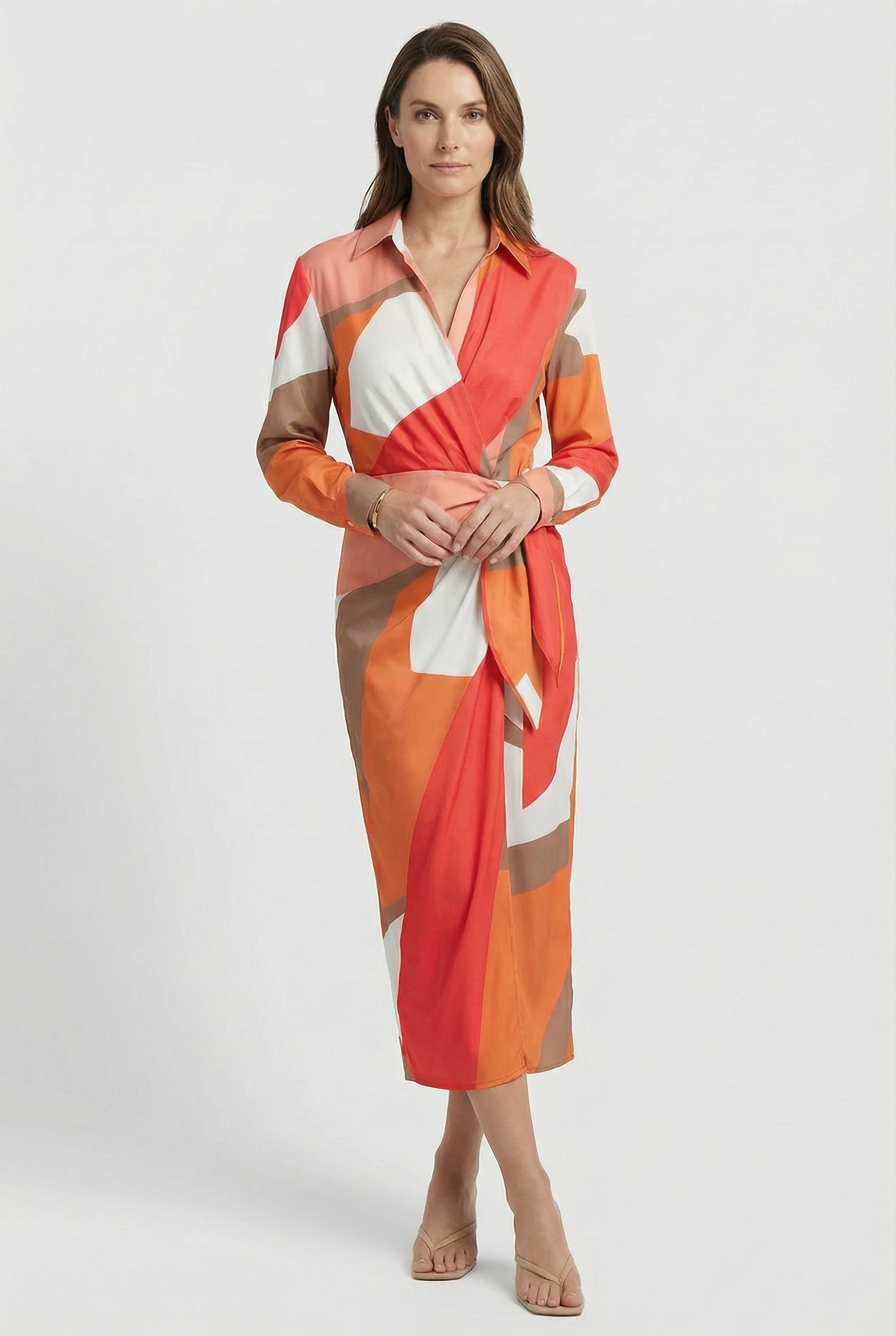 Women's Dress V-Neck Ankle-Length Wrap Dress with Adjustable Waist Tie