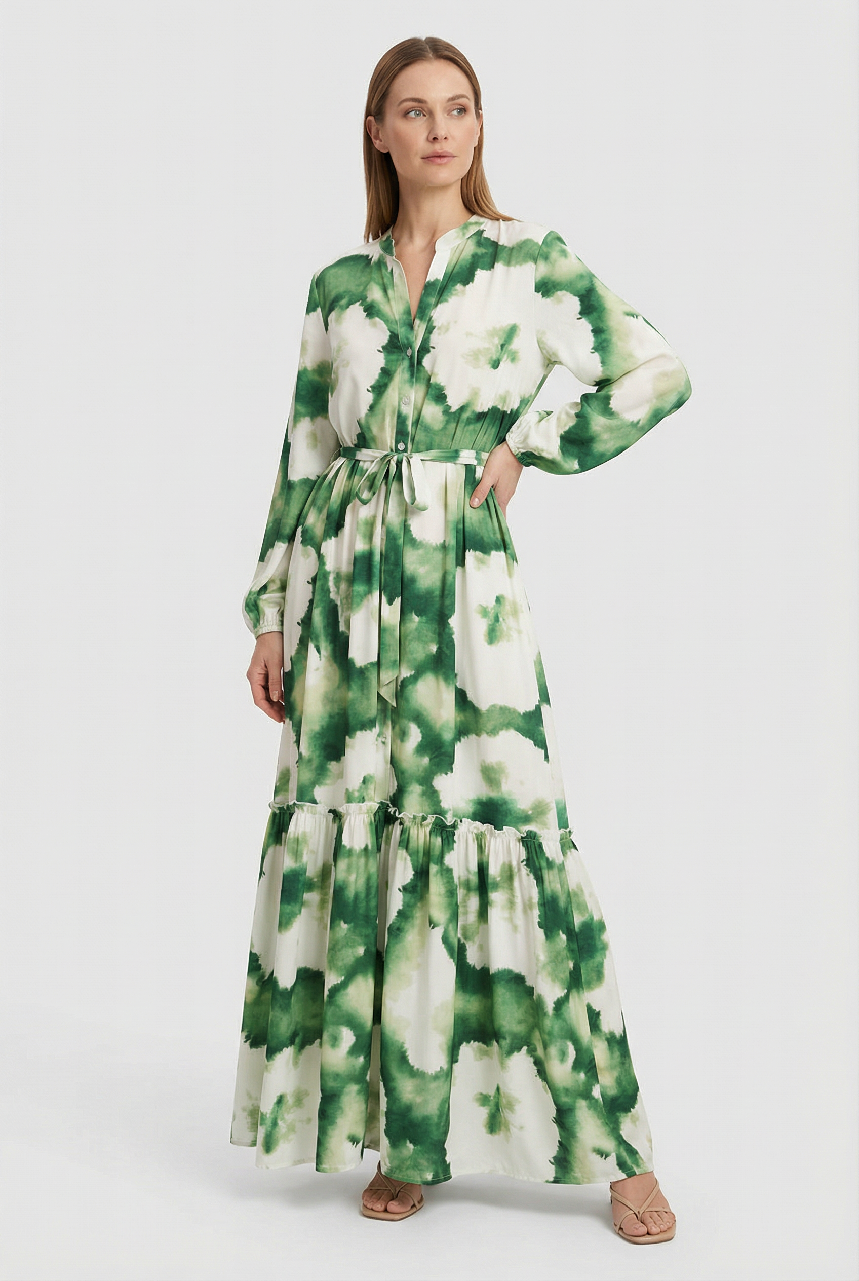 Women’s Maxi Dress Lightweight Fabric V-Neck Long Sleeve Green Print Casual Summer Dresses