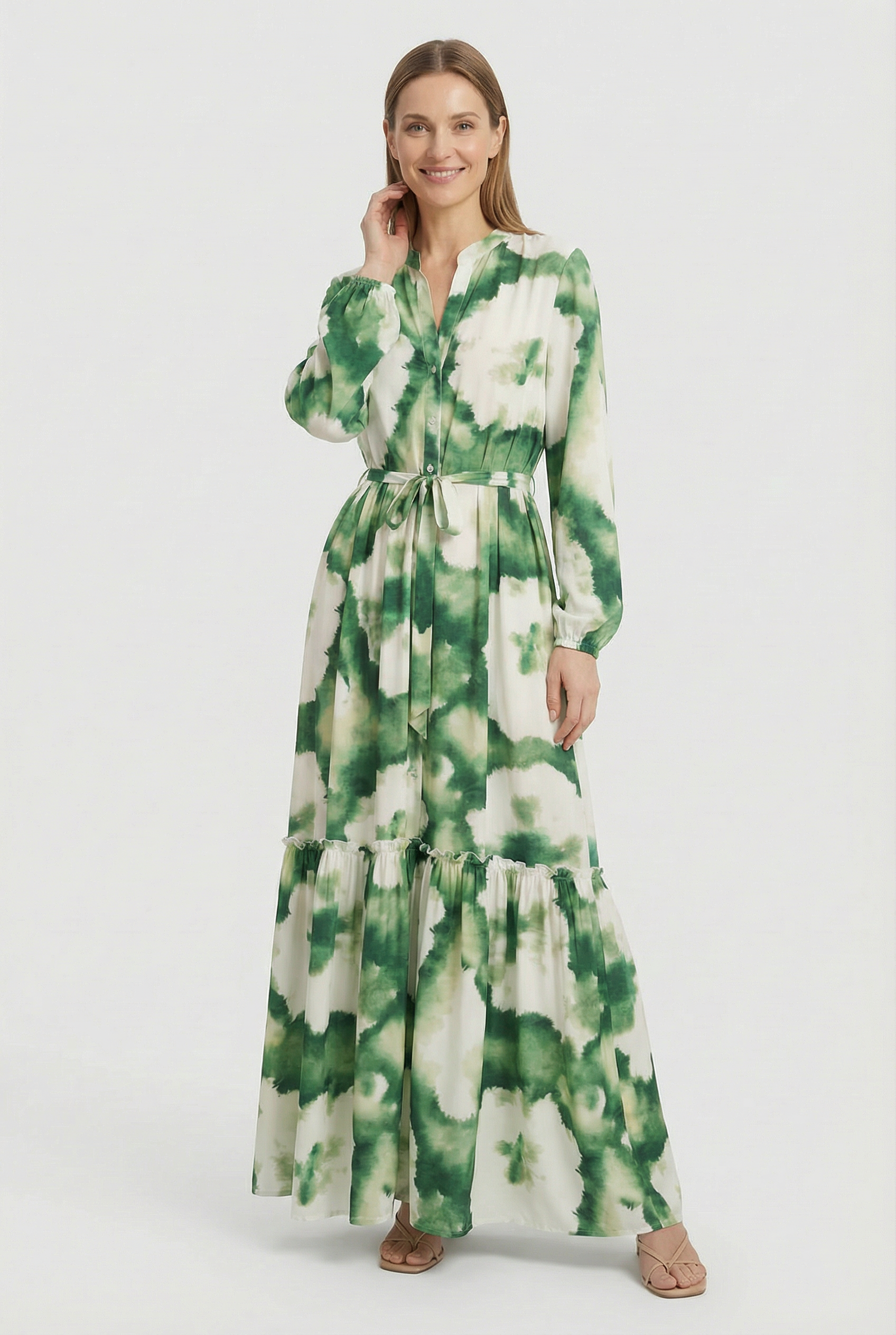 Women’s Maxi Dress Lightweight Fabric V-Neck Long Sleeve Green Print Casual Summer Dresses