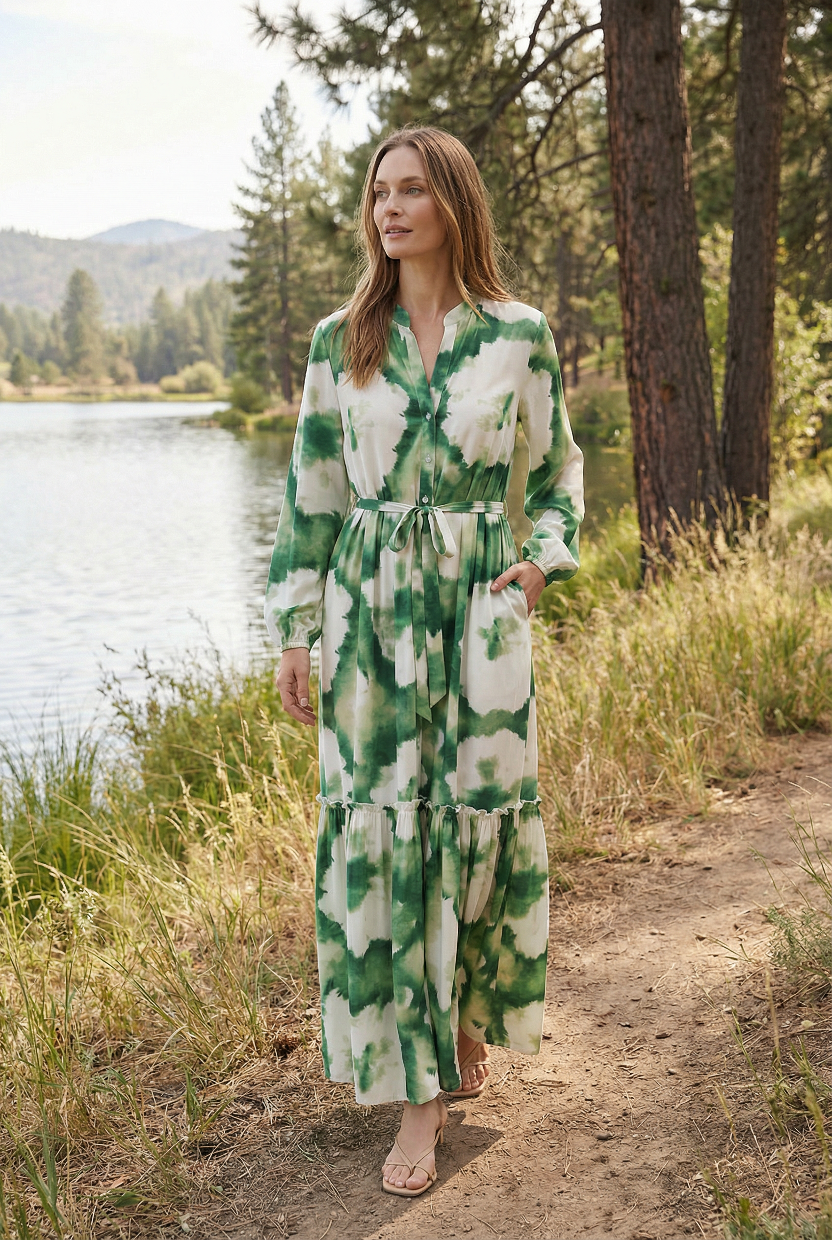 Women’s Maxi Dress Lightweight Fabric V-Neck Long Sleeve Green Print Casual Summer Dresses