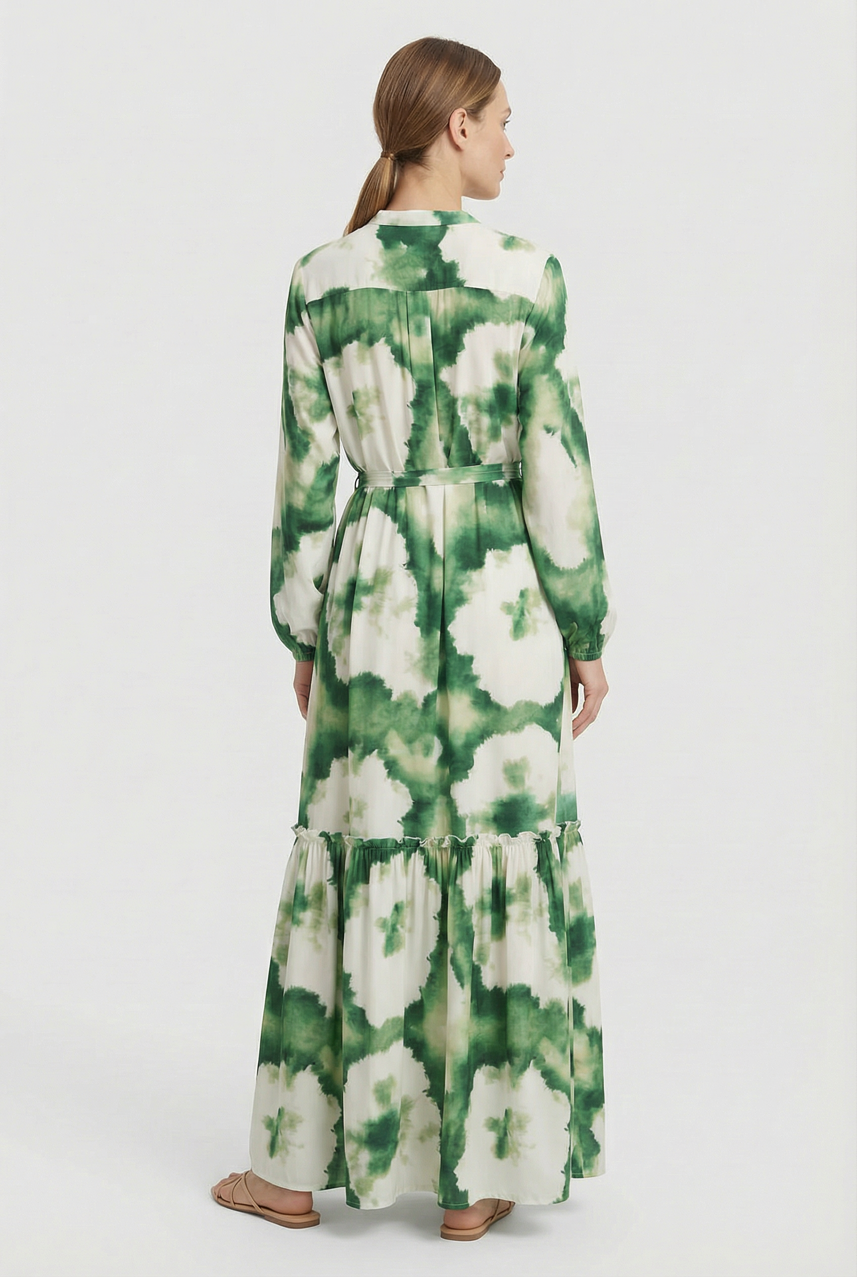 Women’s Maxi Dress Lightweight Fabric V-Neck Long Sleeve Green Print Casual Summer Dresses