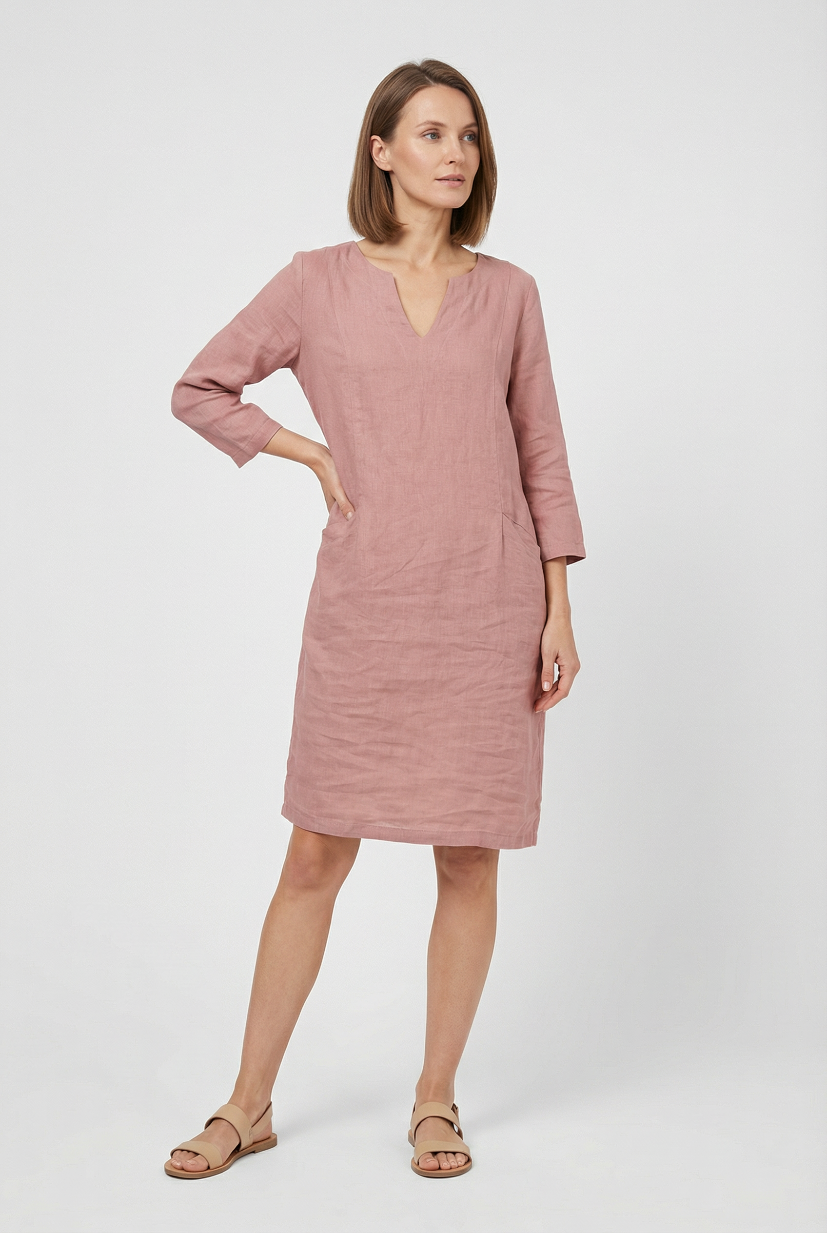 Women's Dress Cotton Linen V-Neck Three Quarter Sleeve Casual Summer Mini Dress